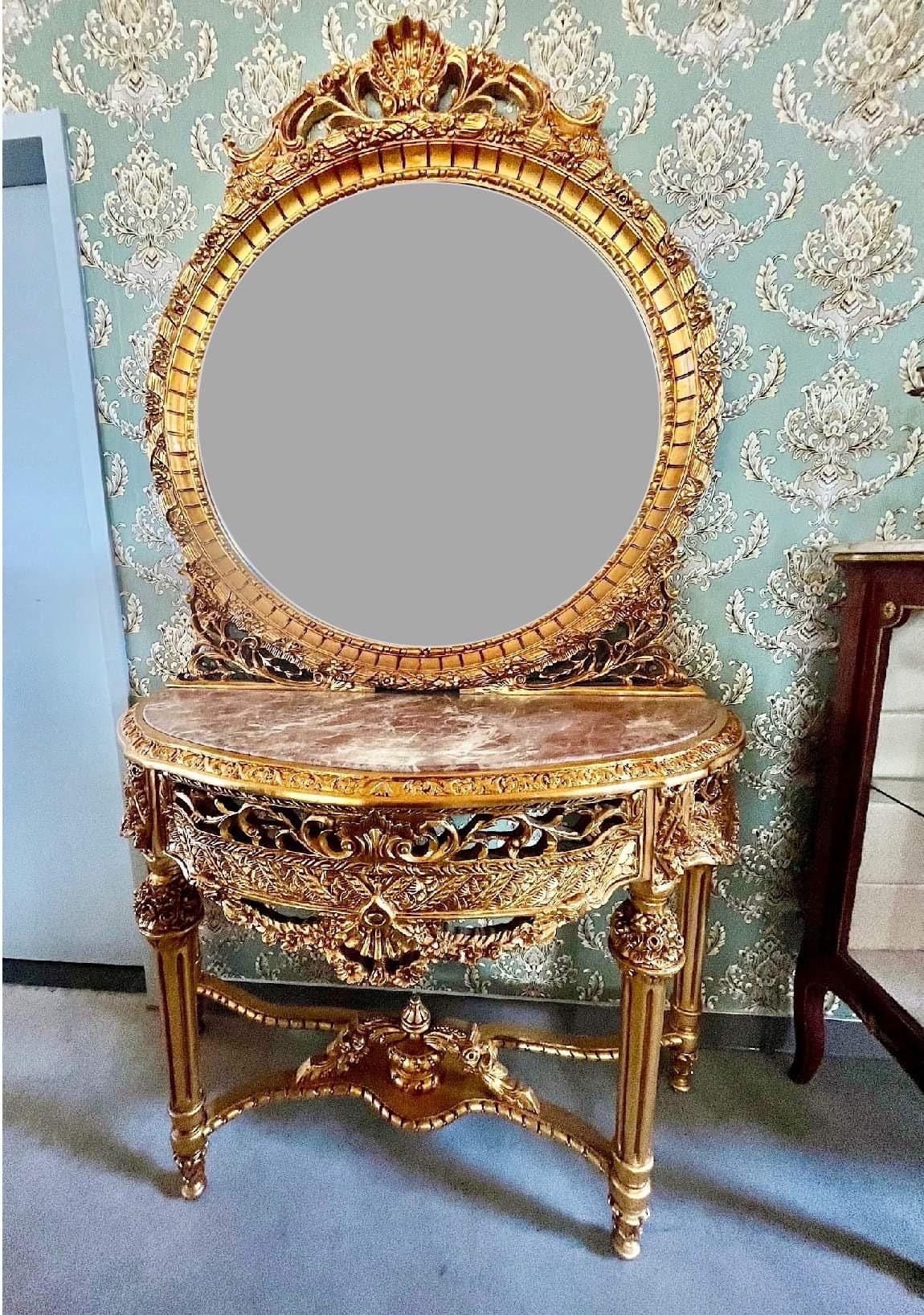 Console Table & Round Mirror Royal Baroque Antique Style Console Table Marble Top in Gold Finish for Villa House Hotel Lobby Decor