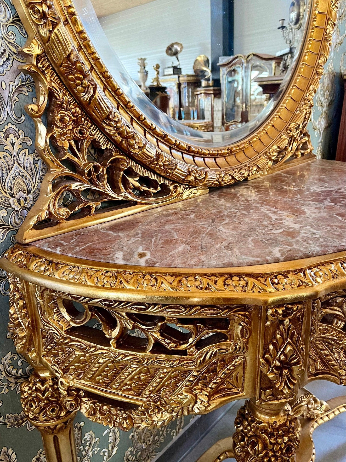 Console Table & Round Mirror Royal Baroque Antique Style Console Table Marble Top in Gold Finish for Villa House Hotel Lobby Decor