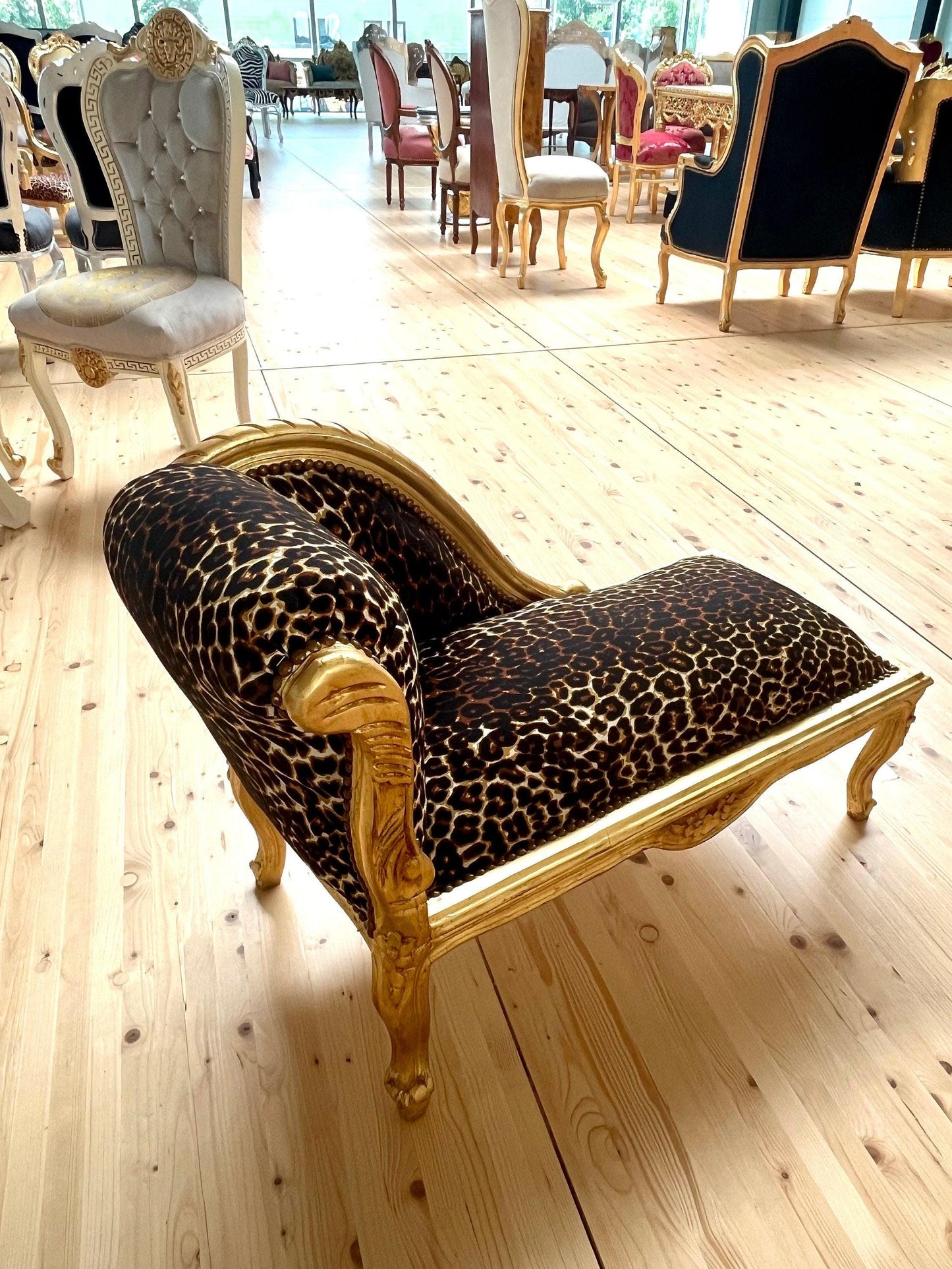 Bench French Louis Style SMALL Longue Bench Leopard Print Retro Baroque Style Ottoman for Home Decor Ottoman or Bench in Gold Finish