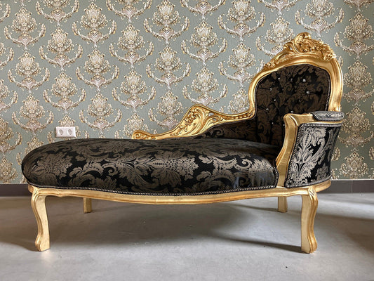 Chaise Longue French Louis Style in Black Floral Fabric Retro Baroque Style Bench in Gold Finish for Home Decor