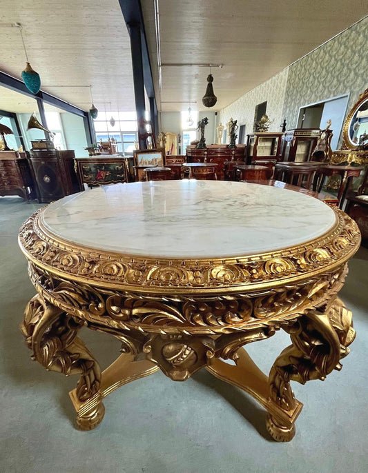 Round Wooden Table Marble Top Royal French Baroque Antique Style in Italian Carrara Marble White Gold Finish Huge Table for Hotel Home Decor