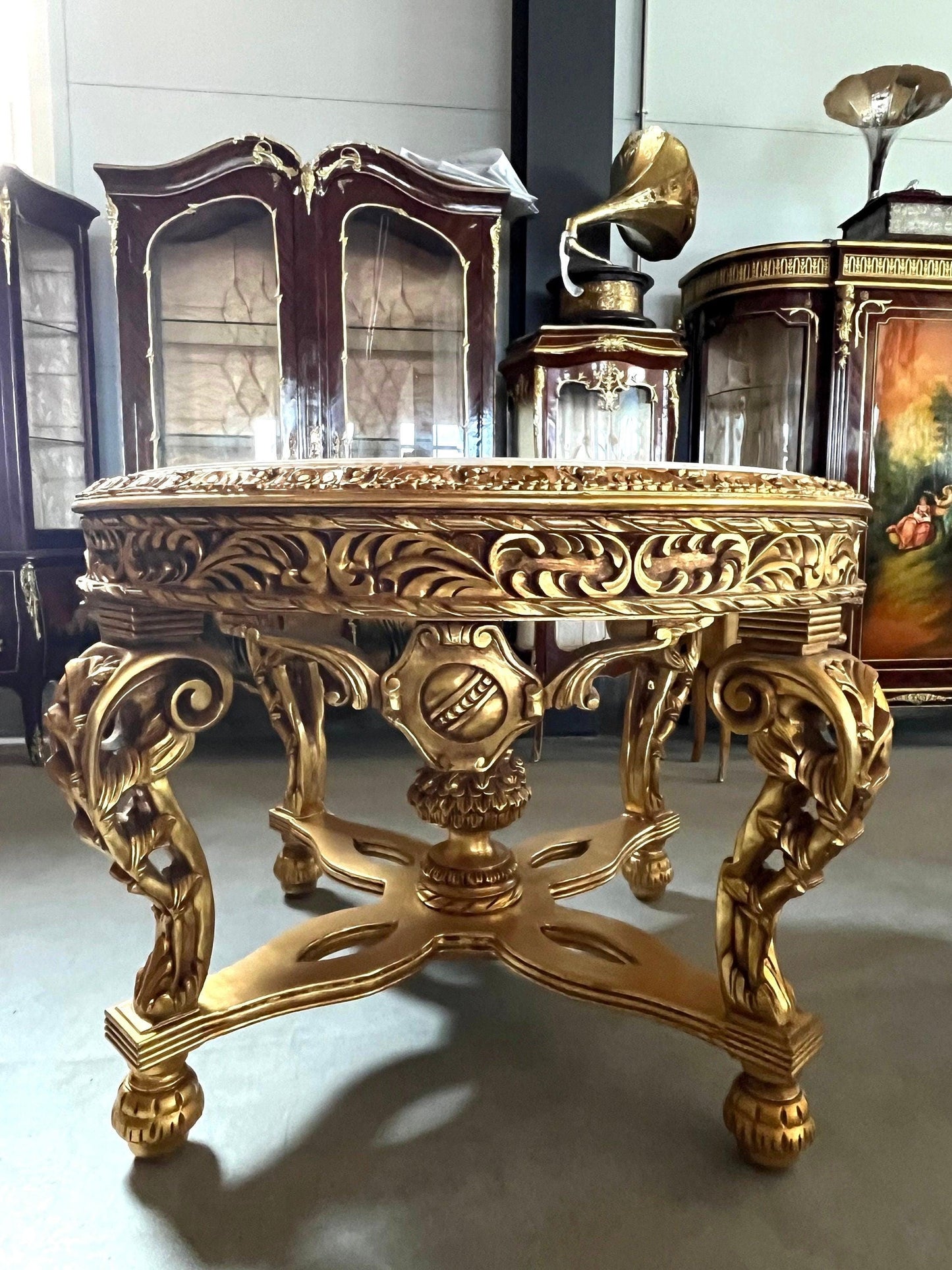 Round Wooden Table Marble Top Royal French Baroque Antique Style in Italian Carrara Marble White Gold Finish Huge Table for Hotel Home Decor