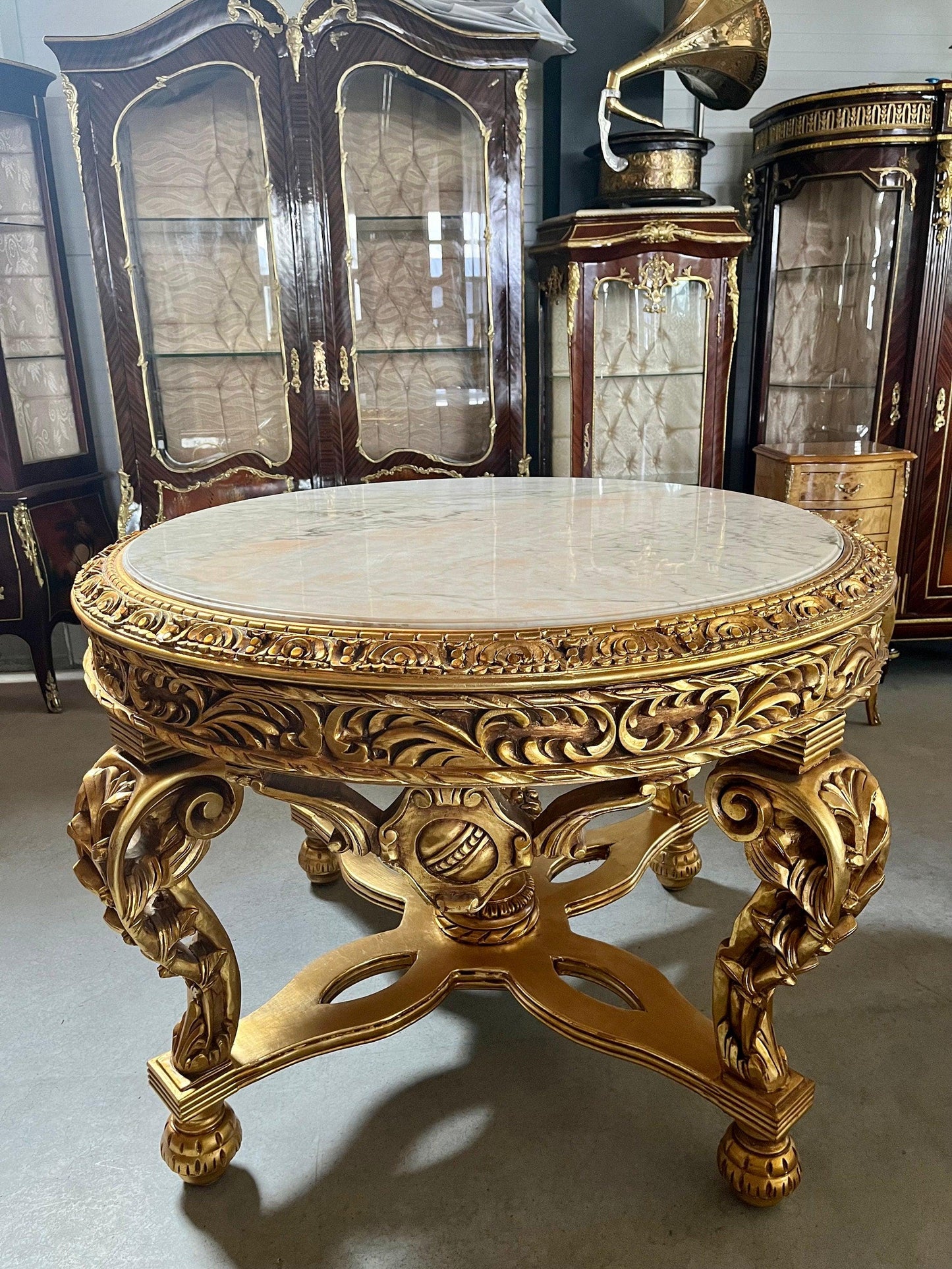 Round Wooden Table Marble Top Royal French Baroque Antique Style in Italian Carrara Marble White Gold Finish Huge Table for Hotel Home Decor