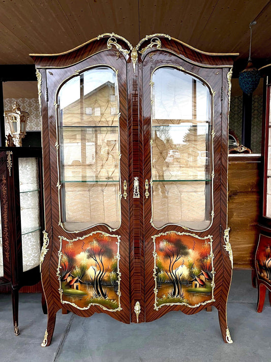 Vitrine Retro Baroque Style Display Cabinet French Antique Style Wooden Glass Showcase in Oil Painted for Home Decoration
