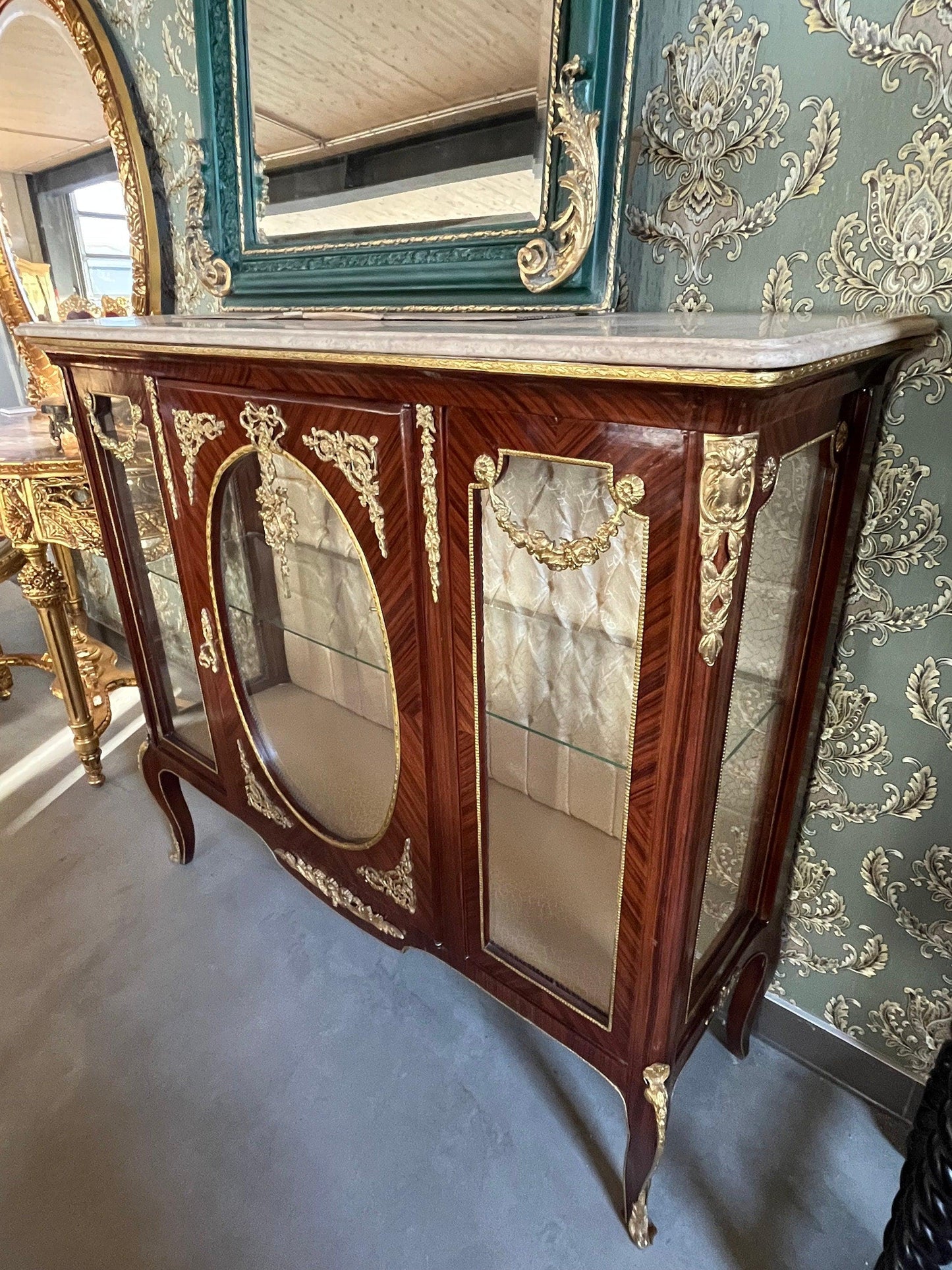 Showcase Wood Marble Brass Home Decor French Baroque Style Marble Top Wood Showcase French Louis XV Style Showcase Antique Style for Home