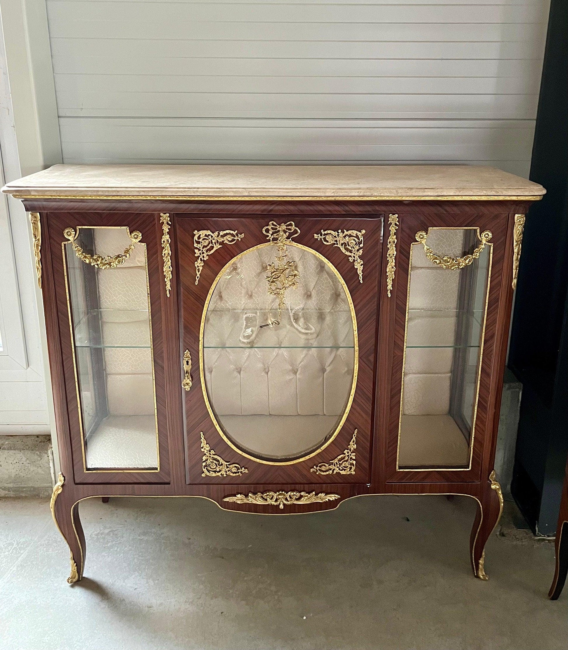 Showcase Wood Marble Brass Home Decor French Baroque Style Marble Top Wood Showcase French Louis XV Style Showcase Antique Style for Home