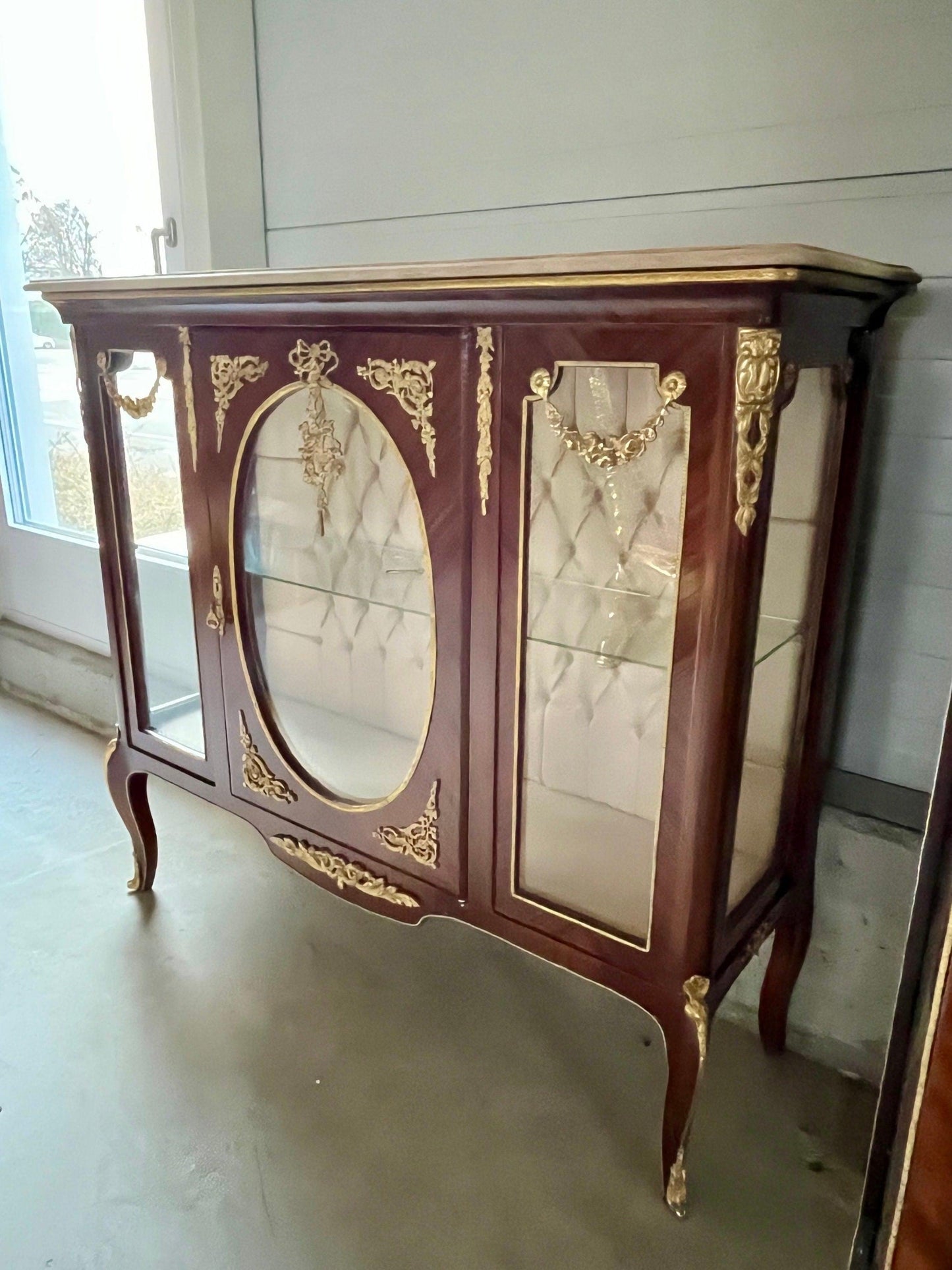 Showcase Wood Marble Brass Home Decor French Baroque Style Marble Top Wood Showcase French Louis XV Style Showcase Antique Style for Home