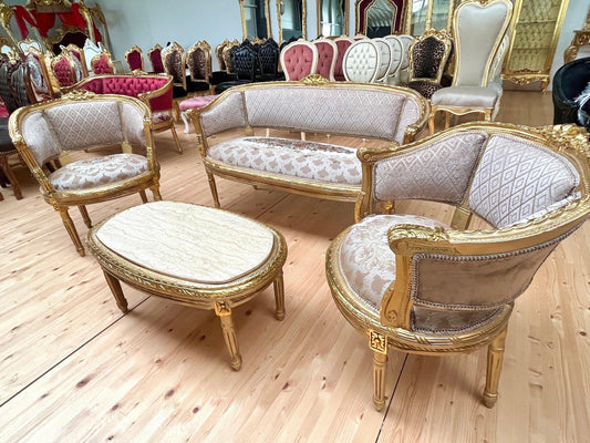 Sofa Set French Antique Style in Beige Color Floral Embroidered Lounge Sofa Retro Baroque Style for Home Decor in Gold Finish