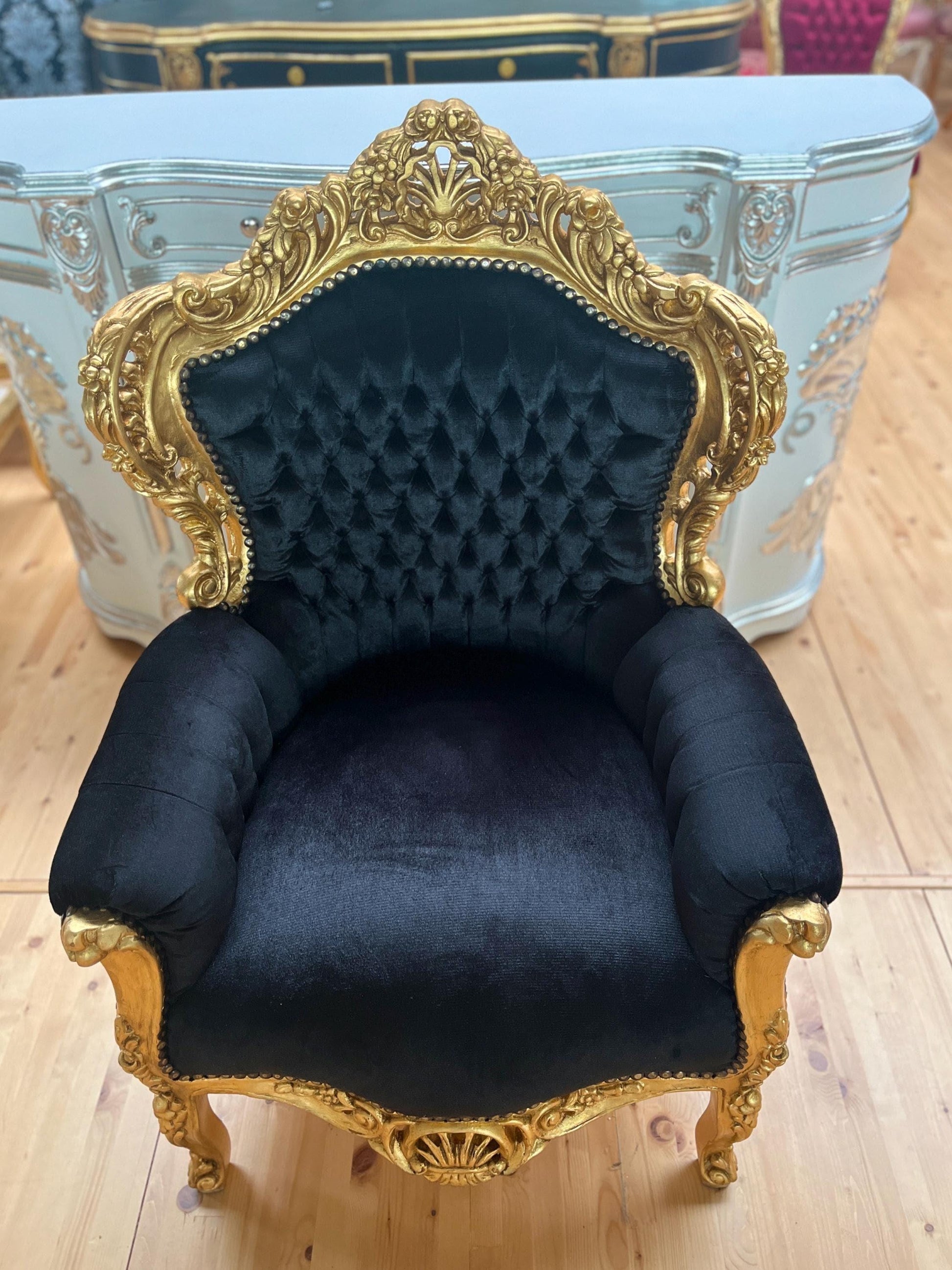 Französischer Barock-Sessel im Rokoko-Stil /French Baroque Rococo Style Armchair - Gold Black