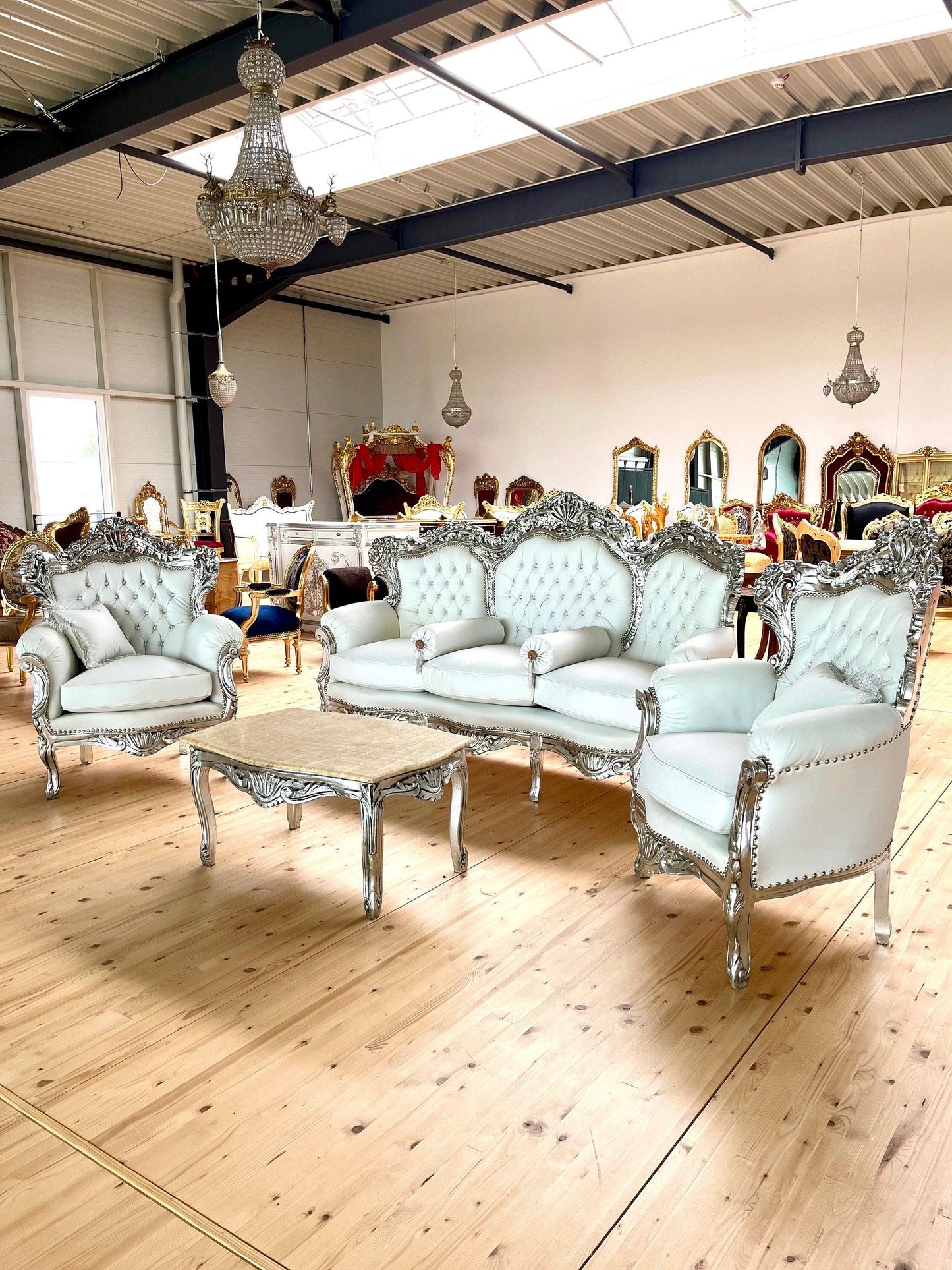 Sofa Set French Louis Style in White Color Settee Baroque Rococo Style Sofa Set in Silver Finish for Wedding Party Event