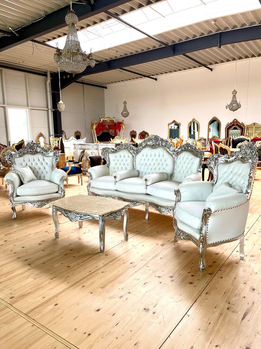 Sofa Set French Louis Style in White Color Settee Baroque Rococo Style Sofa Set in Silver Finish for Wedding Party Event