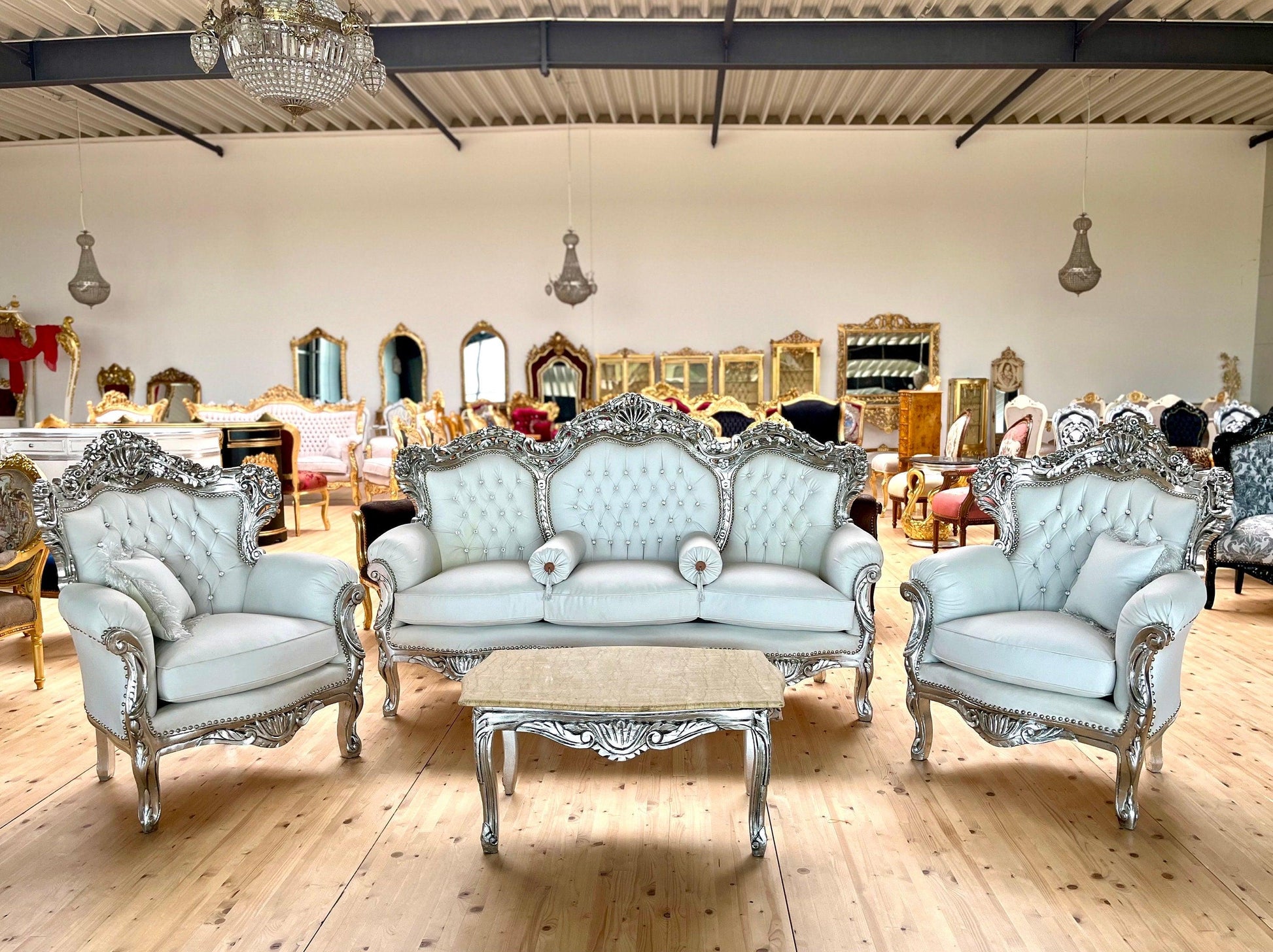 Sofa Set French Louis Style in White Color Settee Baroque Rococo Style Sofa Set in Silver Finish for Wedding Party Event