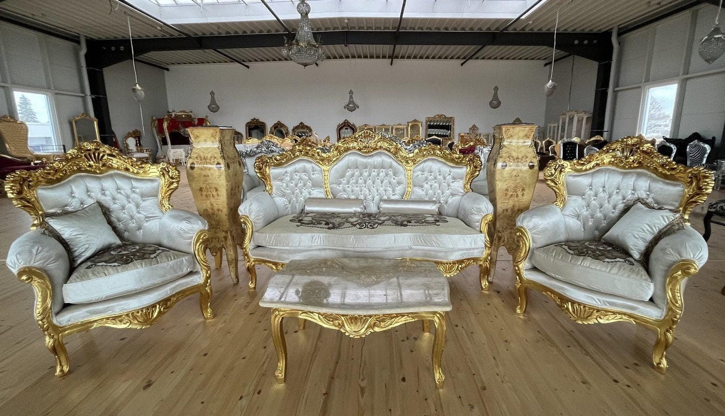 Sofa Set French Louis XV Style Settee Marble Slab Top Caffè Table Retro Baroque Style Sofa Set in Bright Ivory Velvet for Home Decor