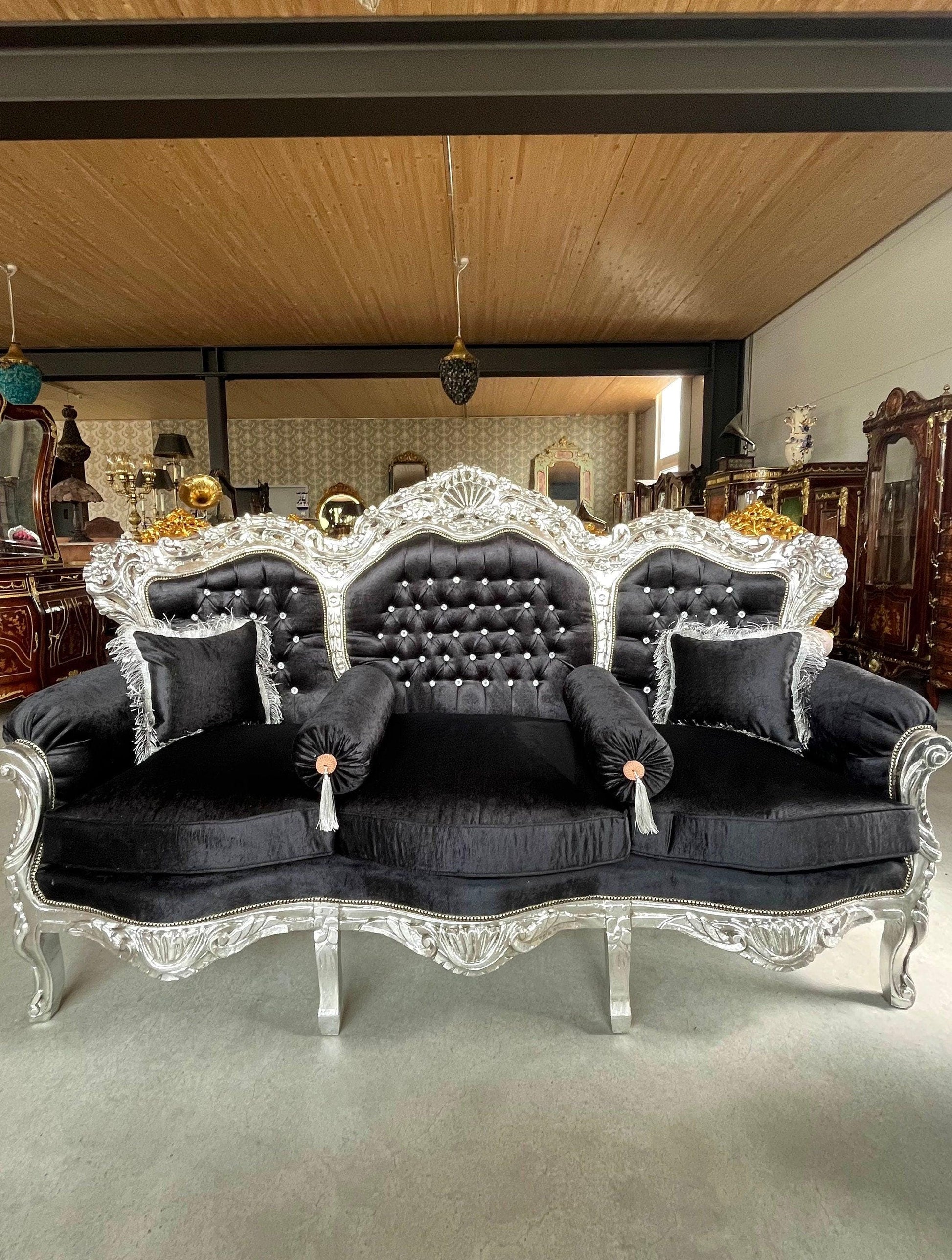 Modern Antique Louis XV Sofa Set in Silver Finish for Living Room Sofa Set Baroque Rococo Couch Set in Black Velvet Gold Finish Home Decor
