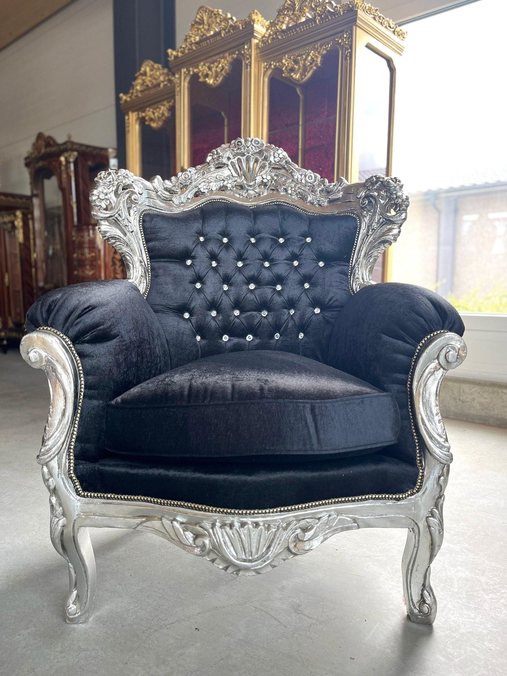 Modern Antique Louis XV Sofa Set in Silver Finish for Living Room Sofa Set Baroque Rococo Couch Set in Black Velvet Gold Finish Home Decor