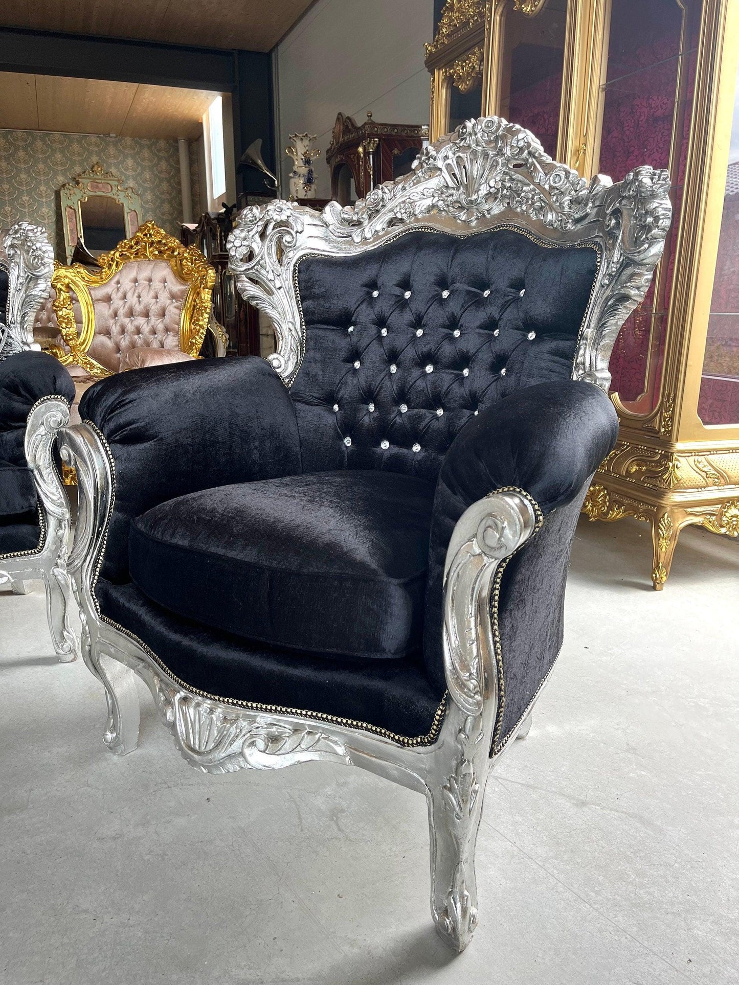 Modern Antique Louis XV Sofa Set in Silver Finish for Living Room Sofa Set Baroque Rococo Couch Set in Black Velvet Gold Finish Home Decor