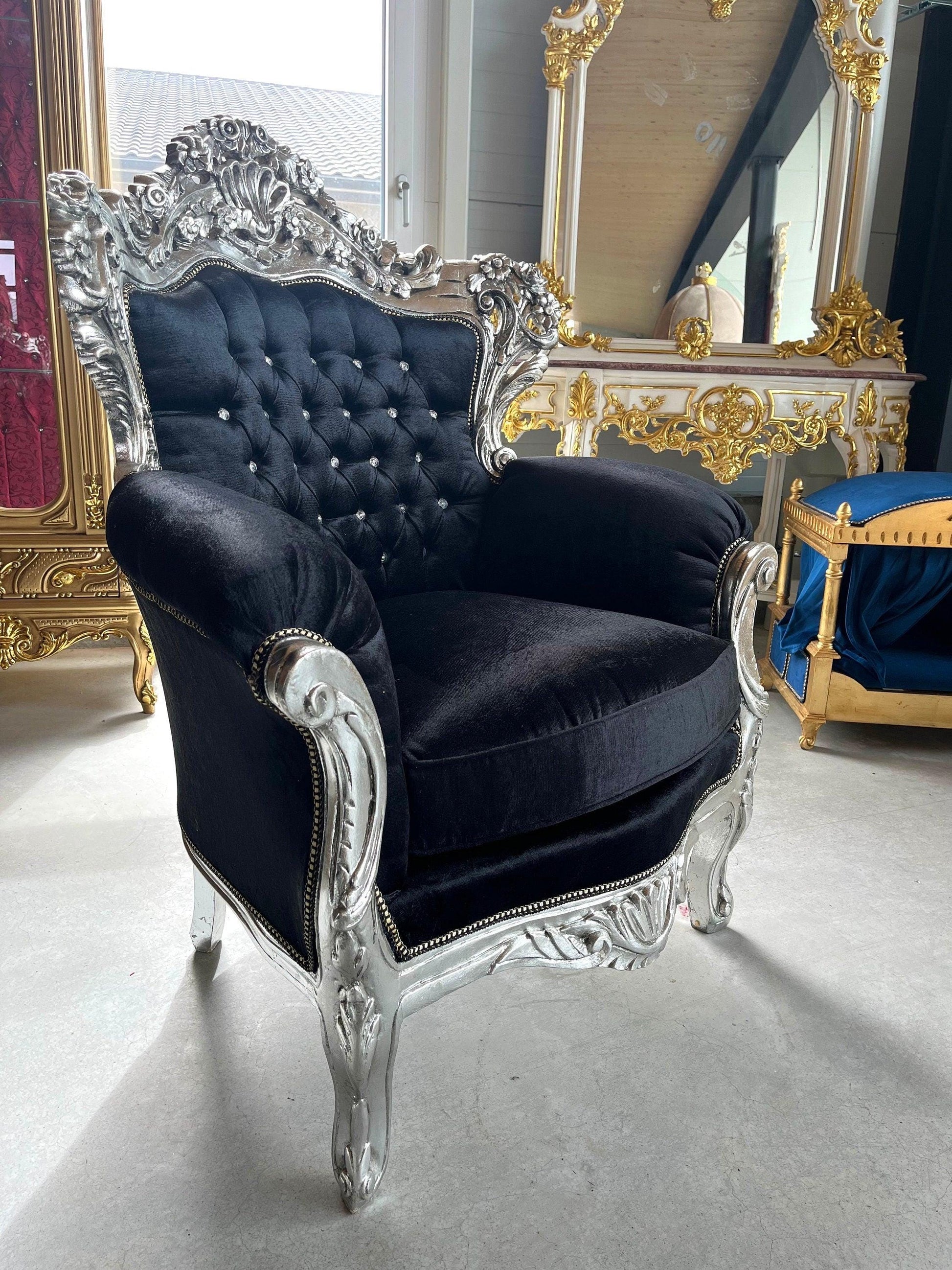 Modern Antique Louis XV Sofa Set in Silver Finish for Living Room Sofa Set Baroque Rococo Couch Set in Black Velvet Gold Finish Home Decor
