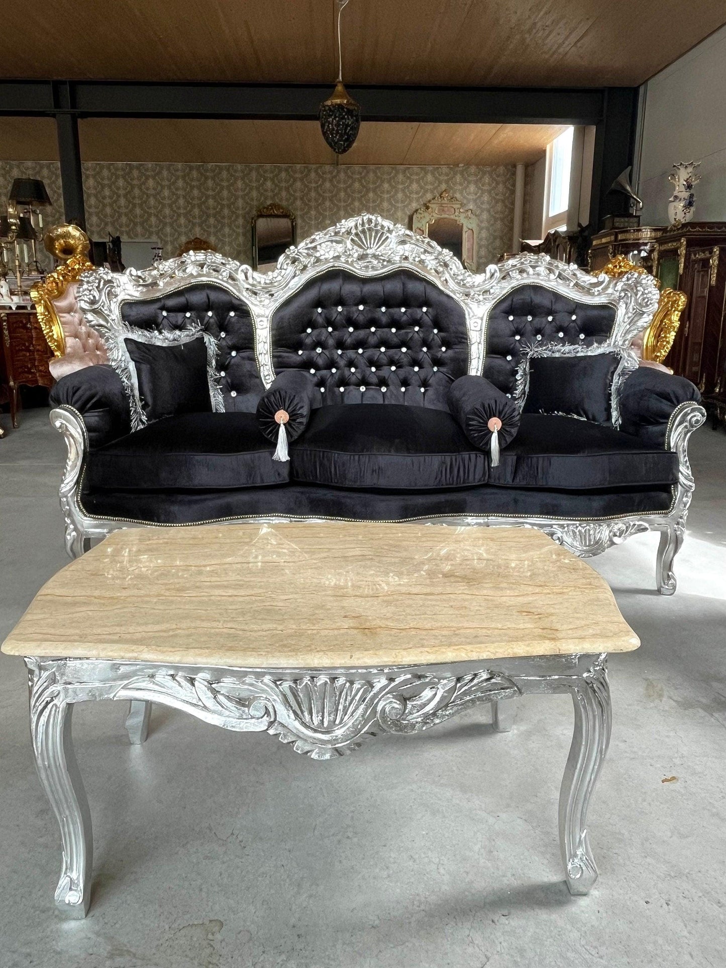 Modern Antique Louis XV Sofa Set in Silver Finish for Living Room Sofa Set Baroque Rococo Couch Set in Black Velvet Gold Finish Home Decor