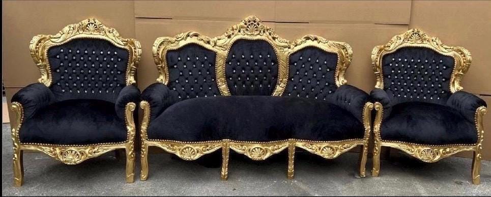 Modern Antique Louis XV Sofa Set in Silver Finish for Living Room Sofa Set Baroque Rococo Couch Set in Black Velvet Gold Finish Home Decor