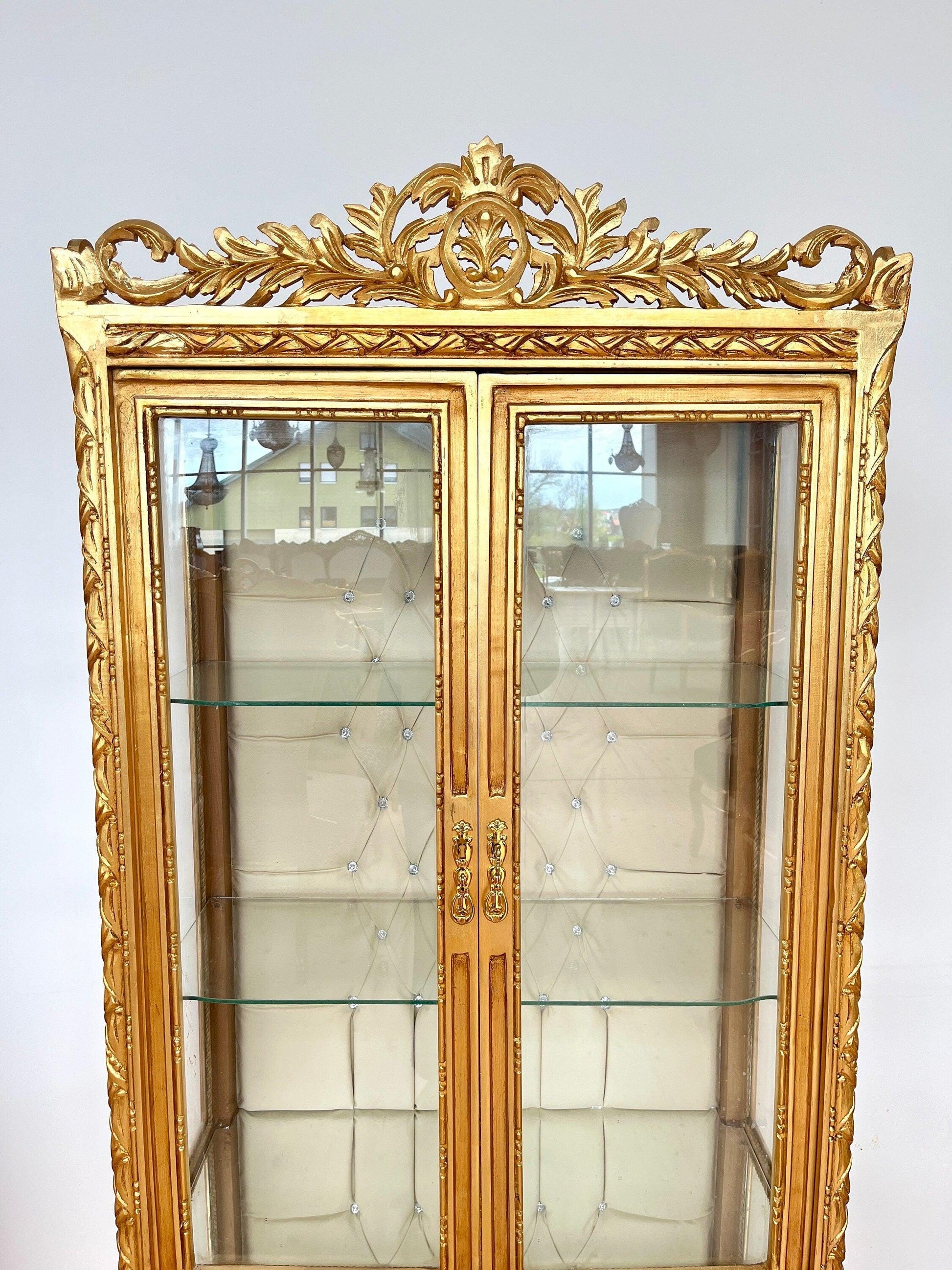 Display Cabinet Wooden French Louis XV Style Showcase Antique Baroque Style Reproduction in Gold Finish
