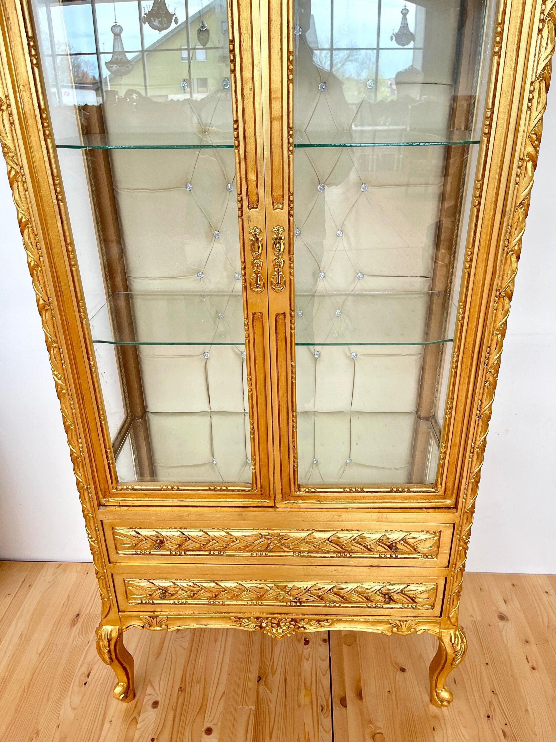 Display Cabinet Wooden French Louis XV Style Showcase Antique Baroque Style Reproduction in Gold Finish