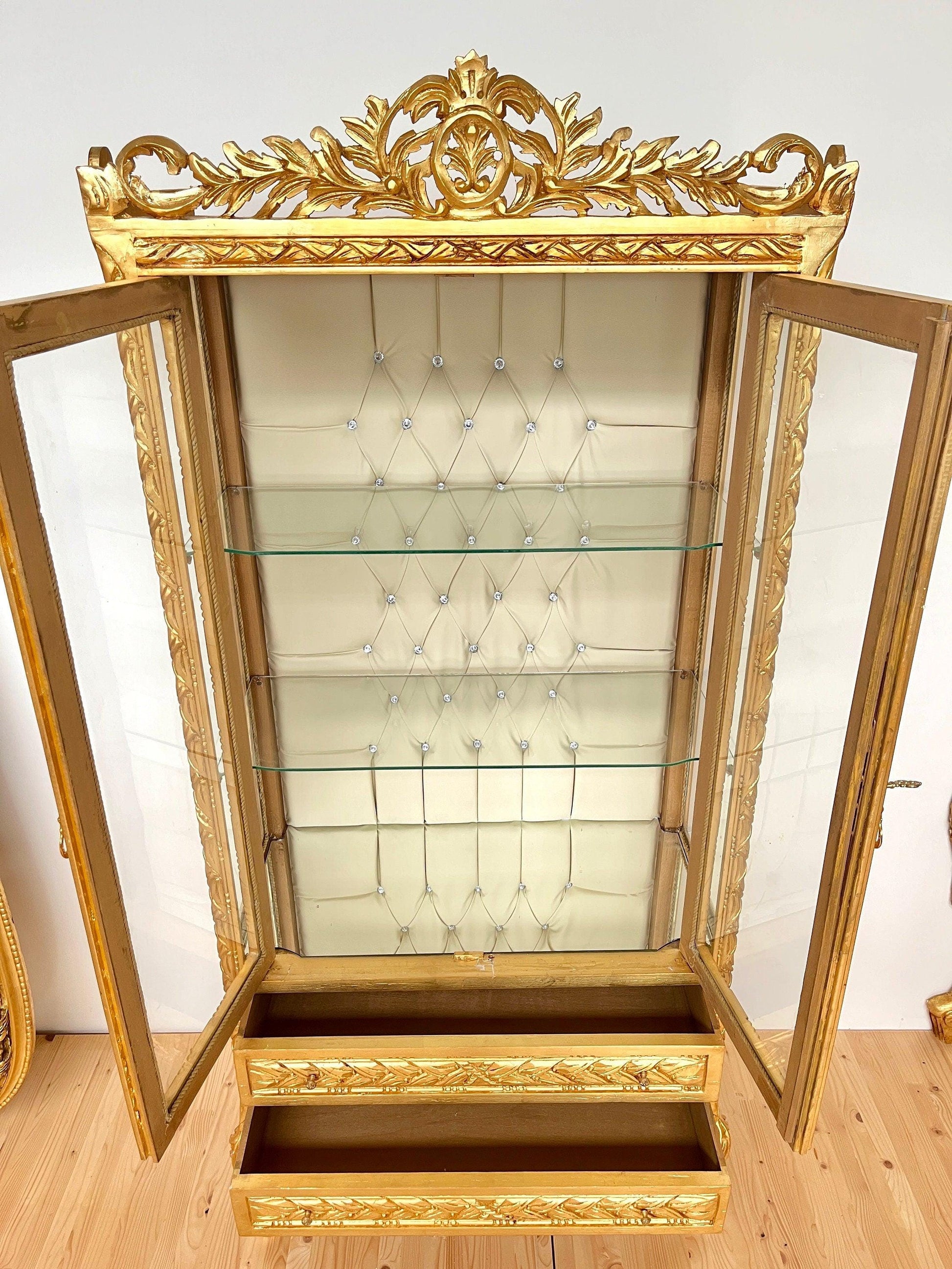 Display Cabinet Wooden French Louis XV Style Showcase Antique Baroque Style Reproduction in Gold Finish