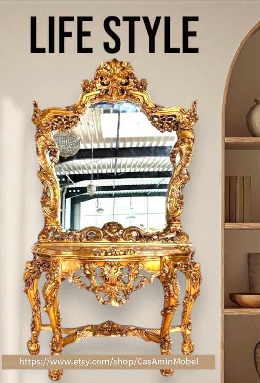 Huge Console Table Mirror Antique Style with Marble Slab Top Table Retro Baroque Style in Gold Finish for Home Decor for Hotel Display