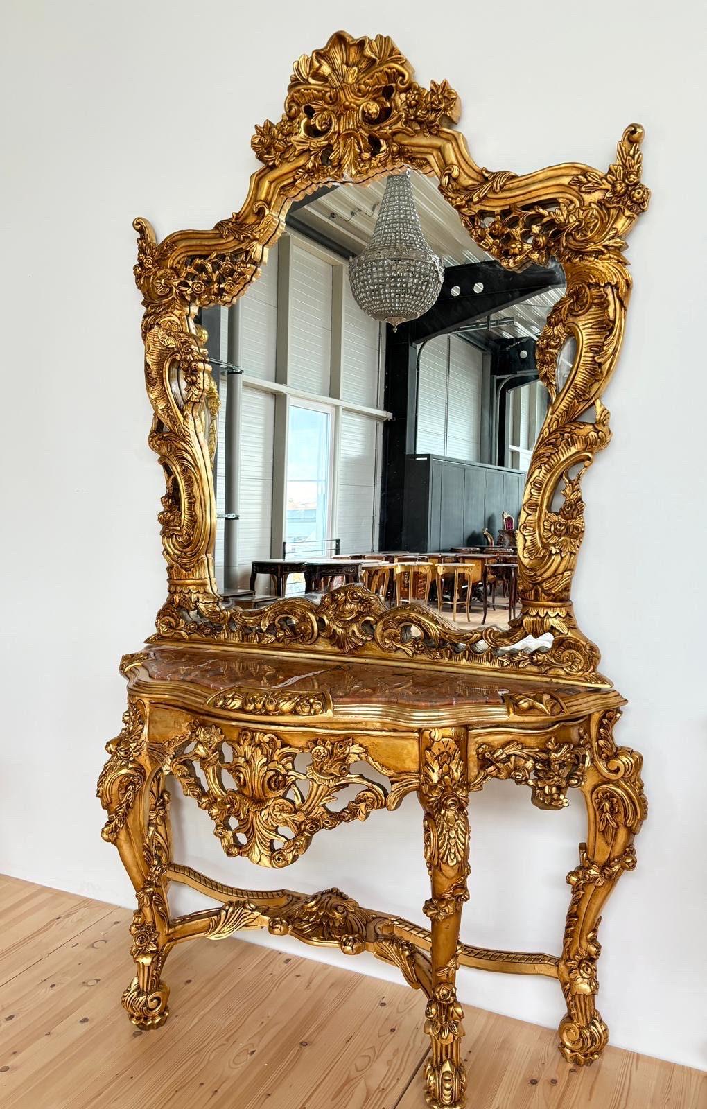 Huge Console Table Mirror Antique Style with Marble Slab Top Table Retro Baroque Style in Gold Finish for Home Decor for Hotel Display