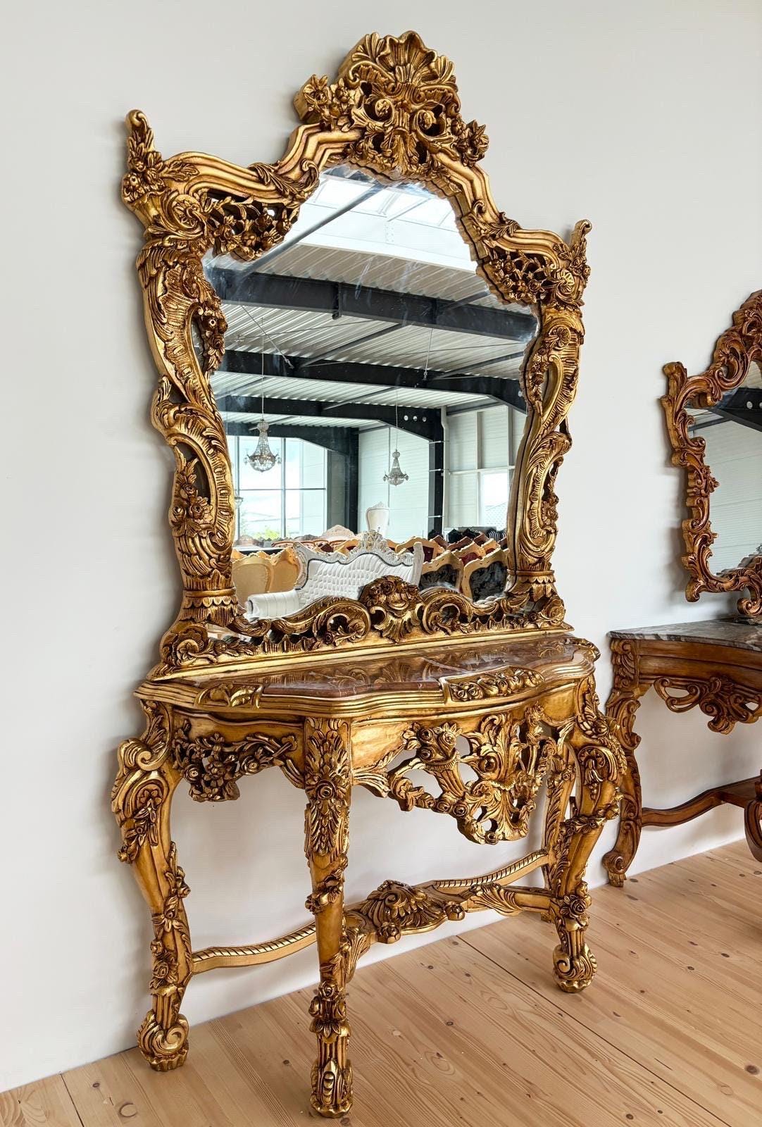 Huge Console Table Mirror Antique Style with Marble Slab Top Table Retro Baroque Style in Gold Finish for Home Decor for Hotel Display