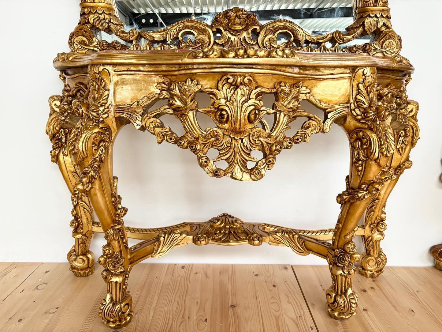 Huge Console Table Mirror Antique Style with Marble Slab Top Table Retro Baroque Style in Gold Finish for Home Decor for Hotel Display