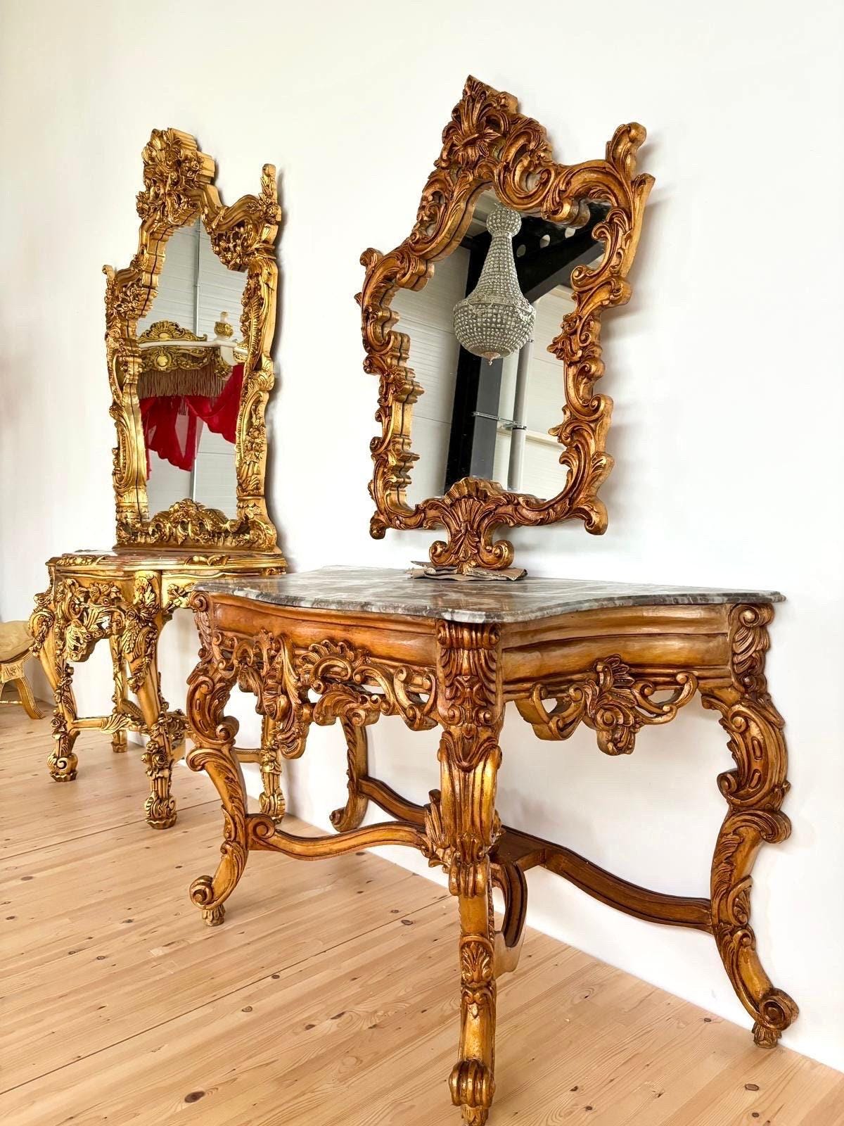 Console Table Mirror French Antique Style with Grey Marble Slab Top Console Table Retro Baroque Rococo Style in Gold Finish for Home Decor