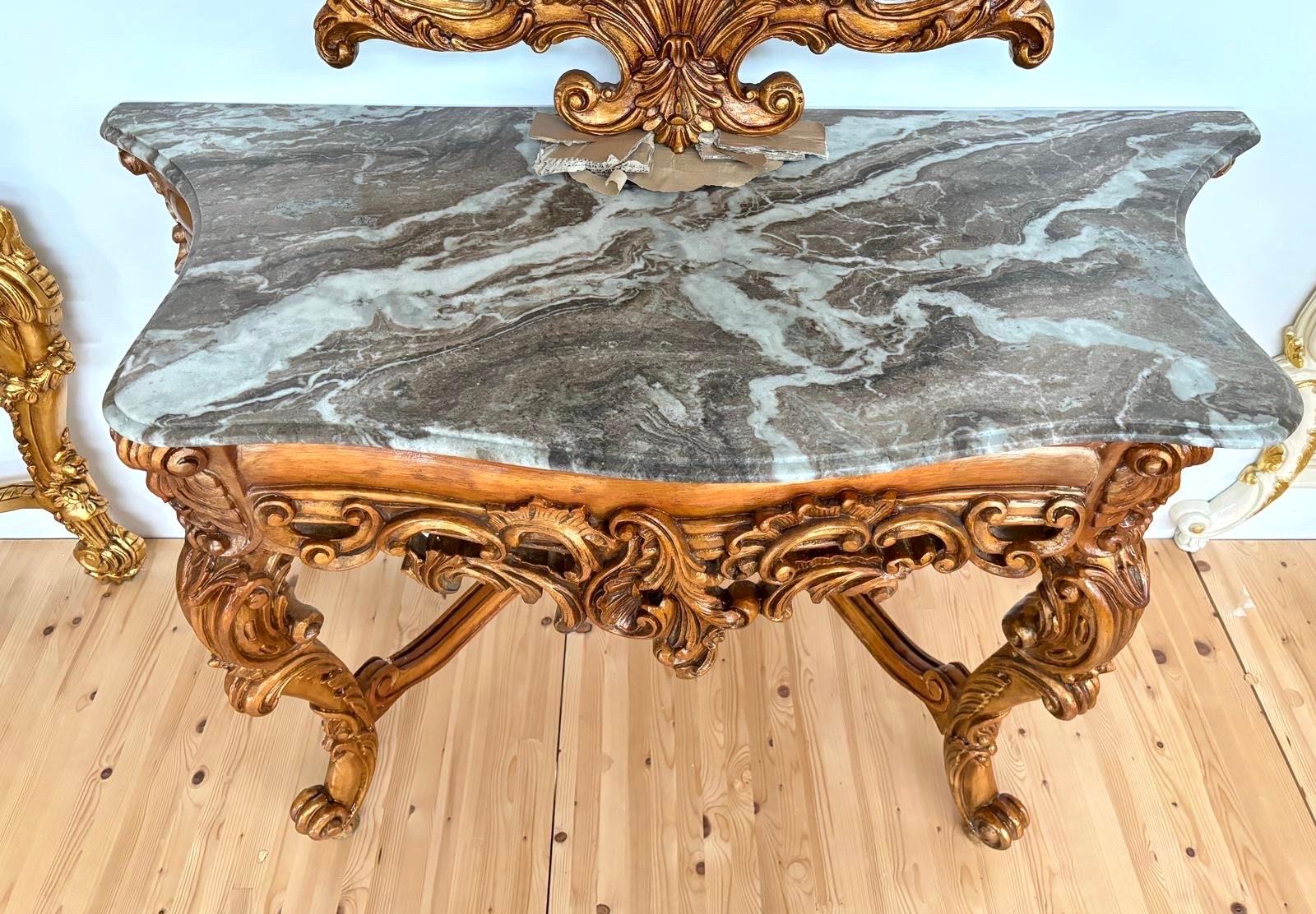 Console Table Mirror French Antique Style with Grey Marble Slab Top Console Table Retro Baroque Rococo Style in Gold Finish for Home Decor
