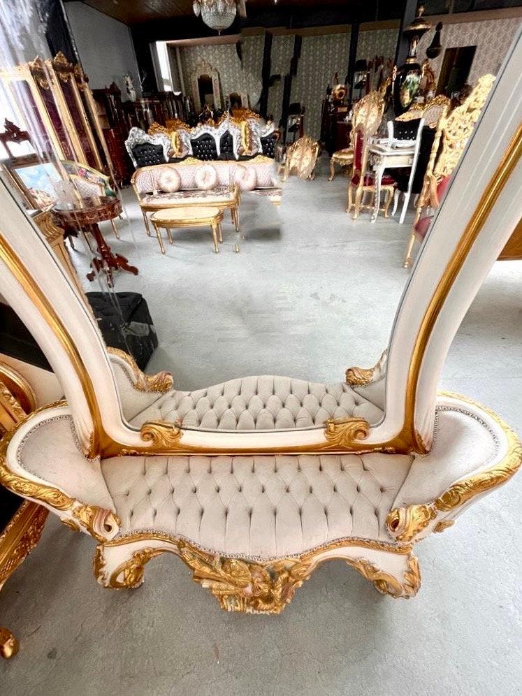 Wall Mirror & Bench Set Retro Baroque Rococo Style in Gold Finish Huge Mirror with Beige Velvet Bench Set for Commercial Lobby