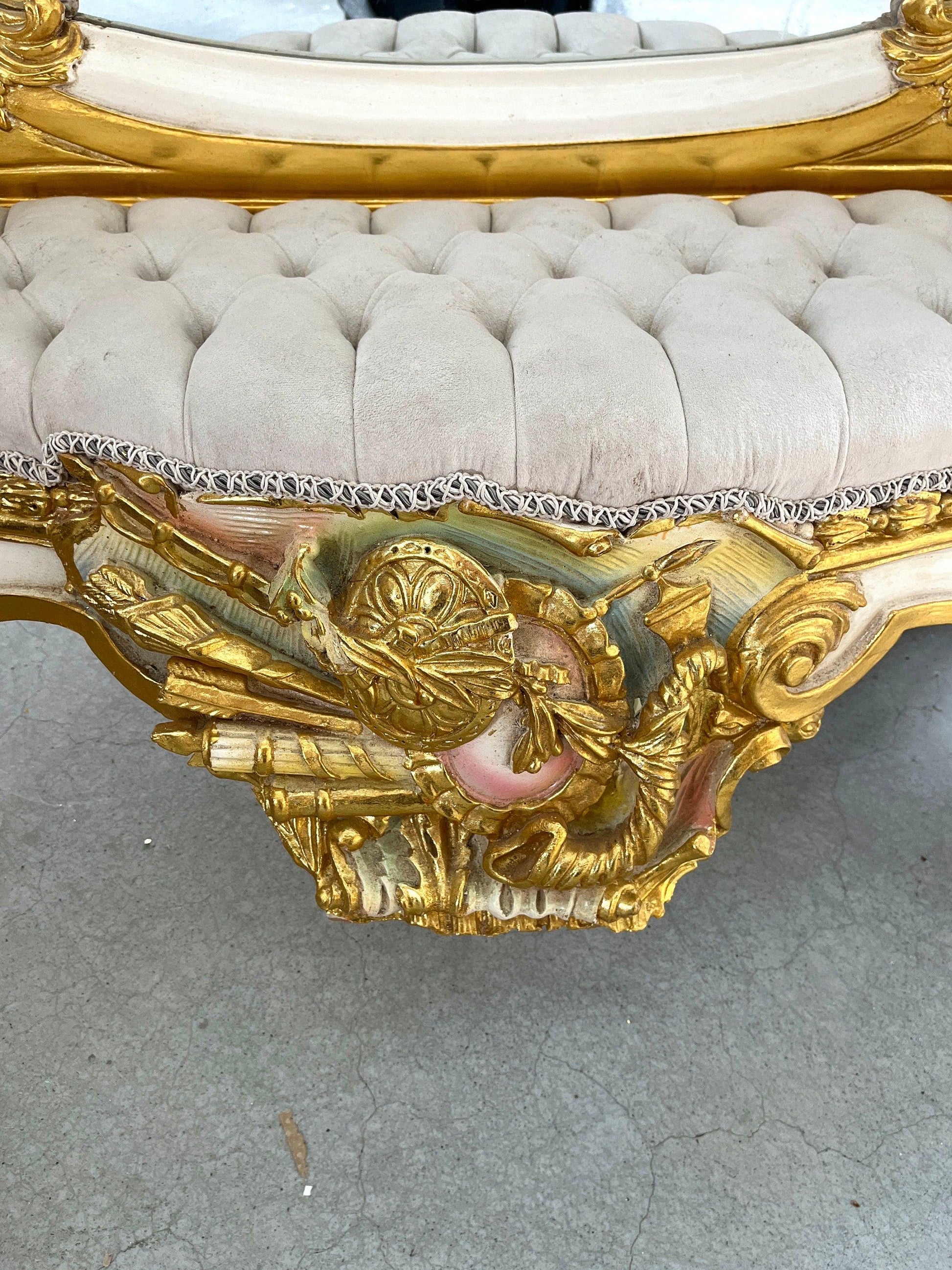 Wall Mirror & Bench Set Retro Baroque Rococo Style in Gold Finish Huge Mirror with Beige Velvet Bench Set for Commercial Lobby