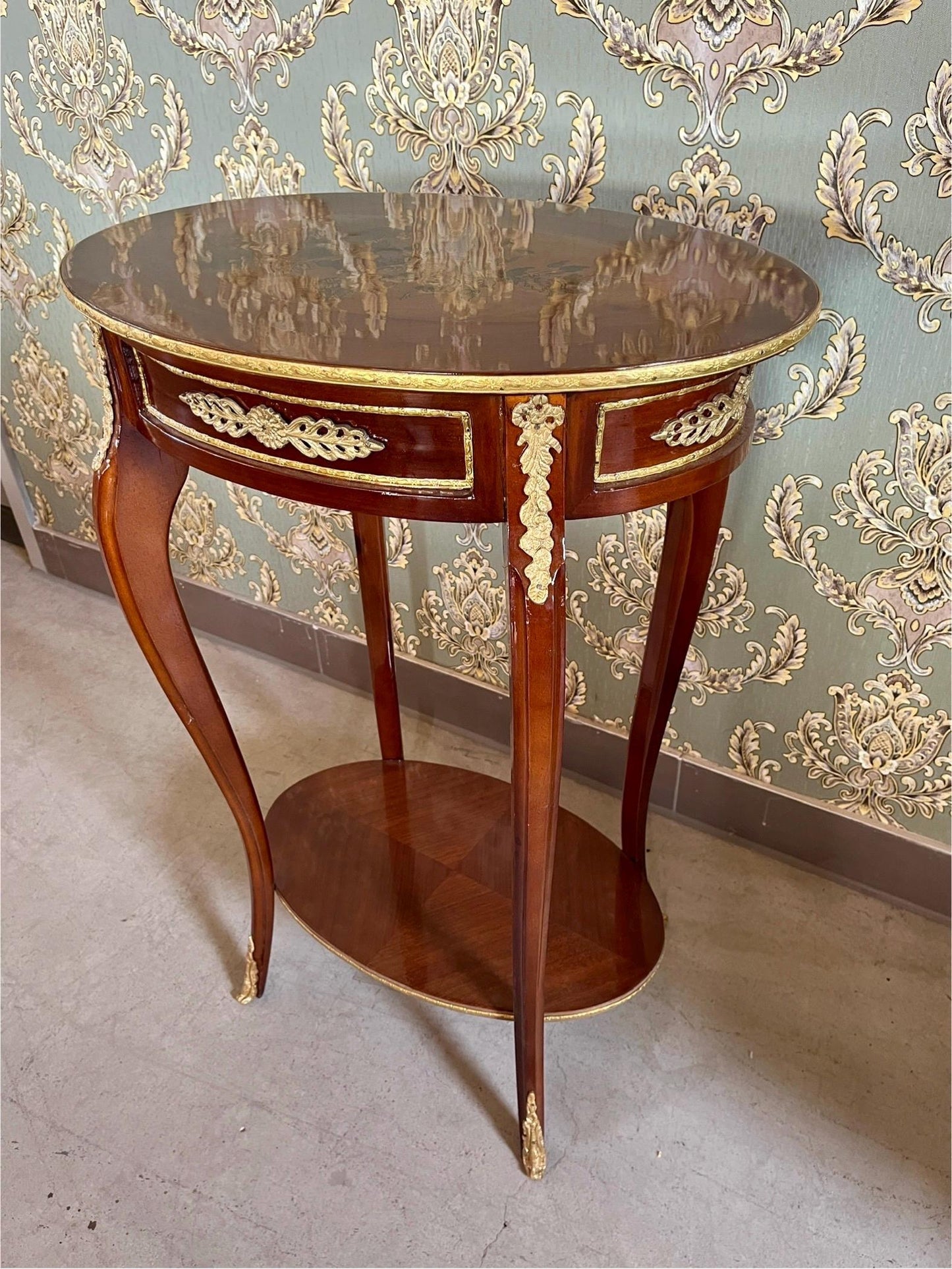 Oval Side Table French Antique Style Wooden Brown Oval Side Table Retro Baroque Style for Home Decor