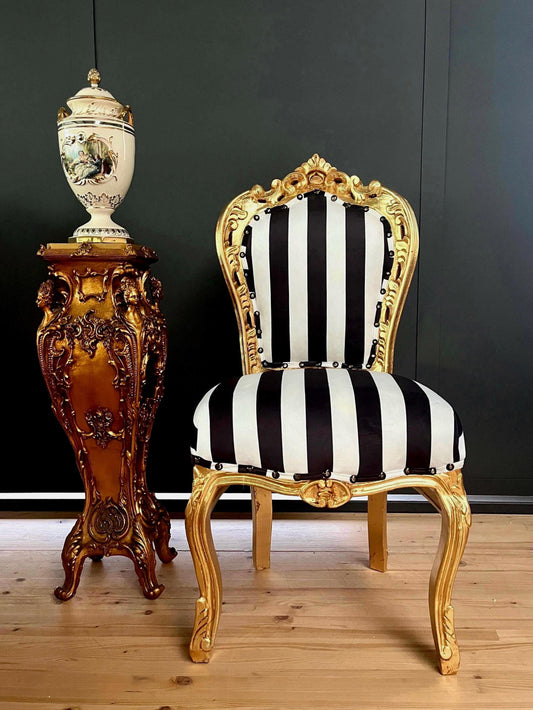 Accent Chair Deluxe Velvet in Black Stripe French Louis XV Style Chair in Gold Finish Retro Baroque Rococo Style Dining Chair for Home Decor