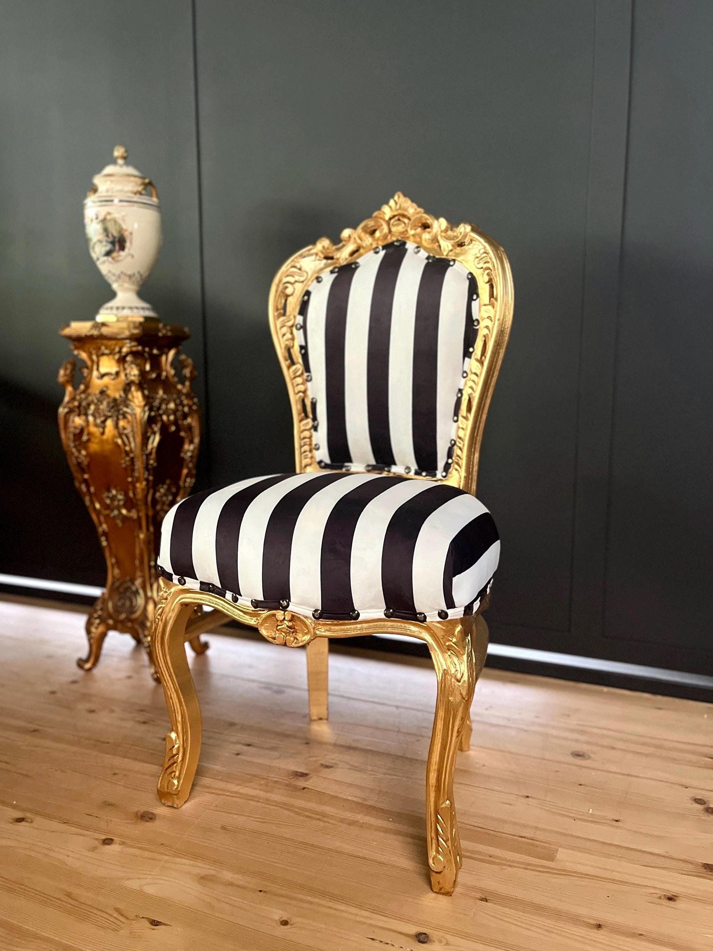 Accent Chair Deluxe Velvet in Black Stripe French Louis XV Style Chair in Gold Finish Retro Baroque Rococo Style Dining Chair for Home Decor