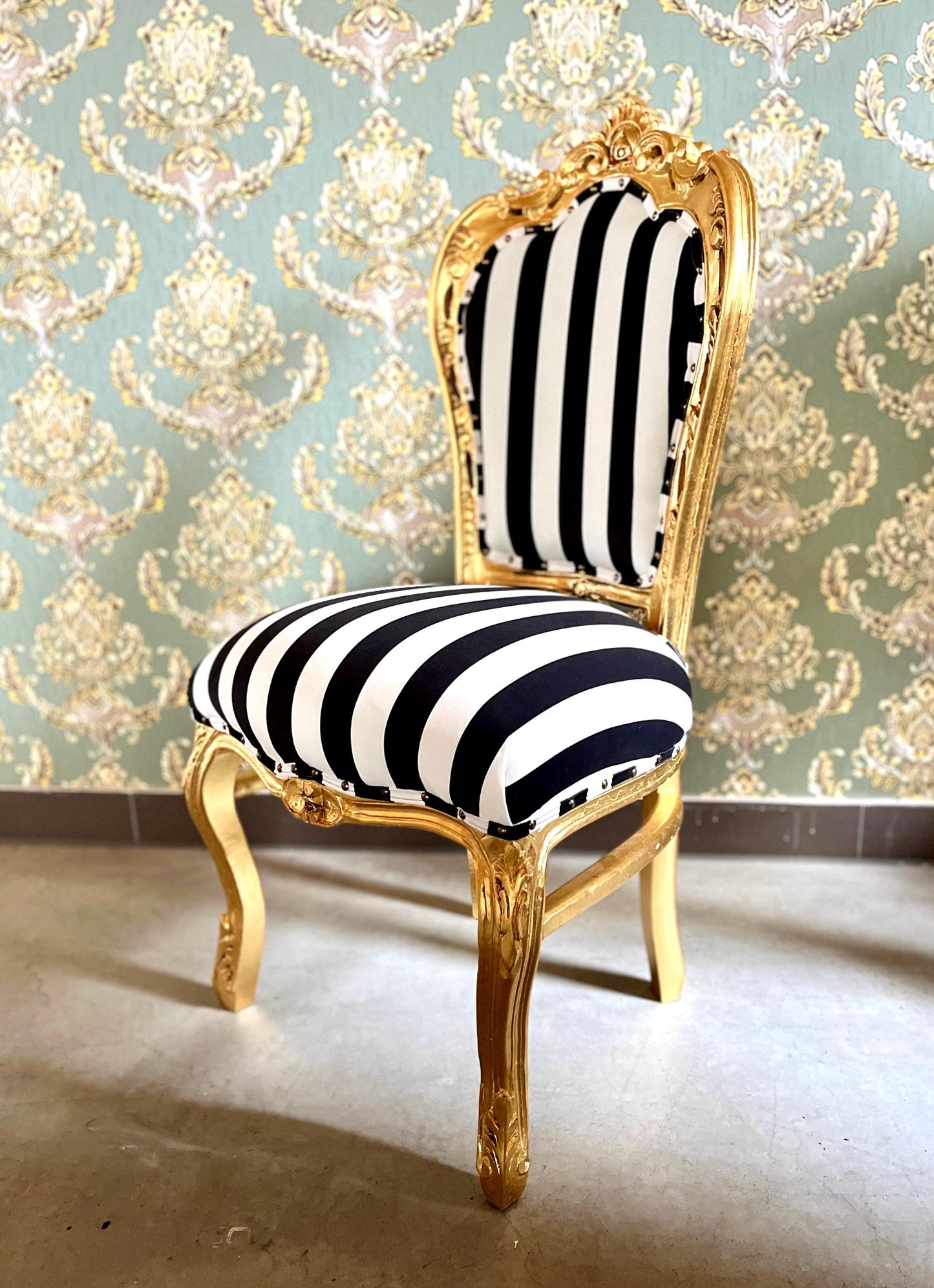 Accent Chair Deluxe Velvet in Black Stripe French Louis XV Style Chair in Gold Finish Retro Baroque Rococo Style Dining Chair for Home Decor