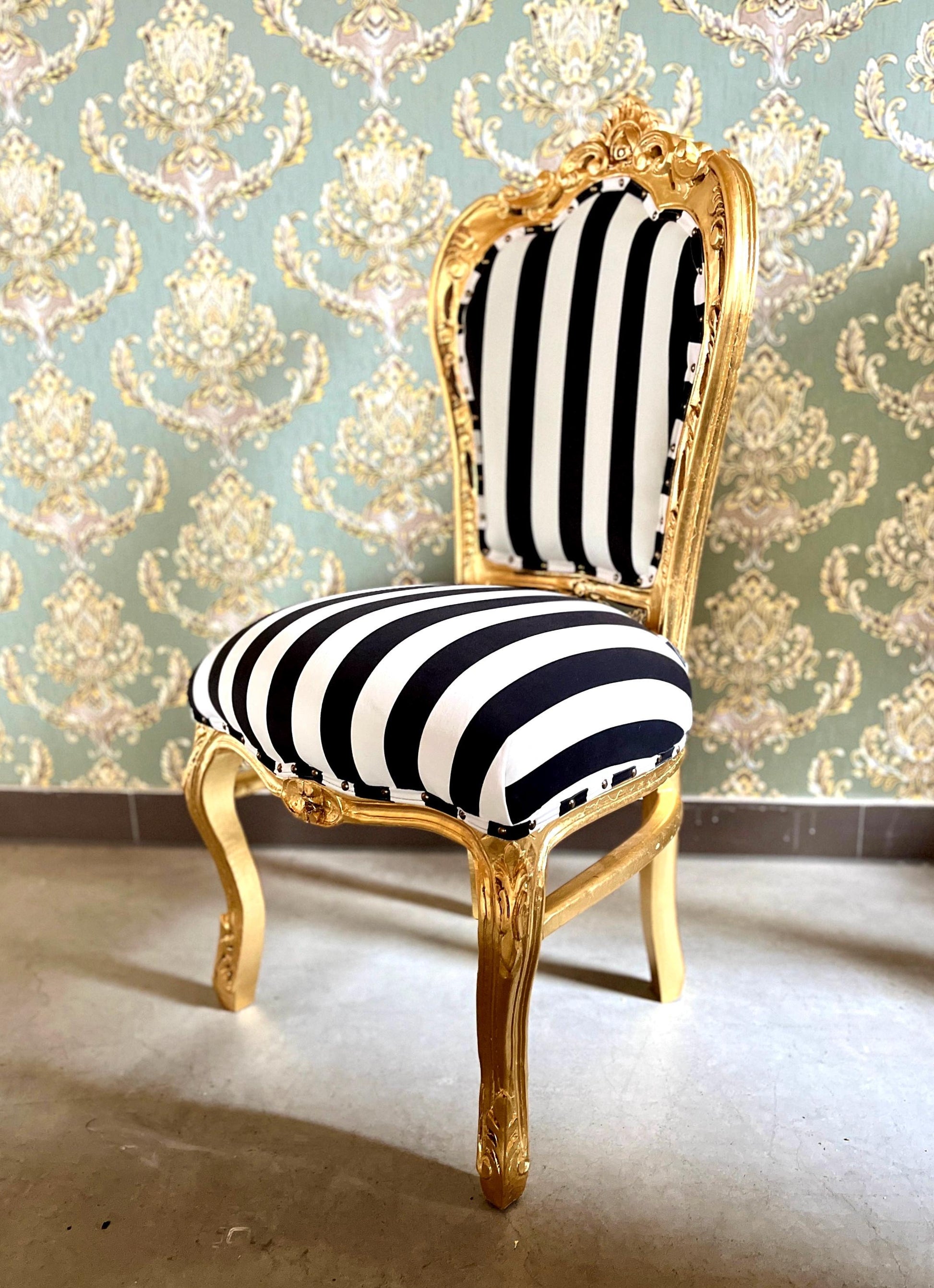 Accent Chair Deluxe Velvet in Black Stripe French Louis XV Style Chair in Gold Finish Retro Baroque Rococo Style Dining Chair for Home Decor