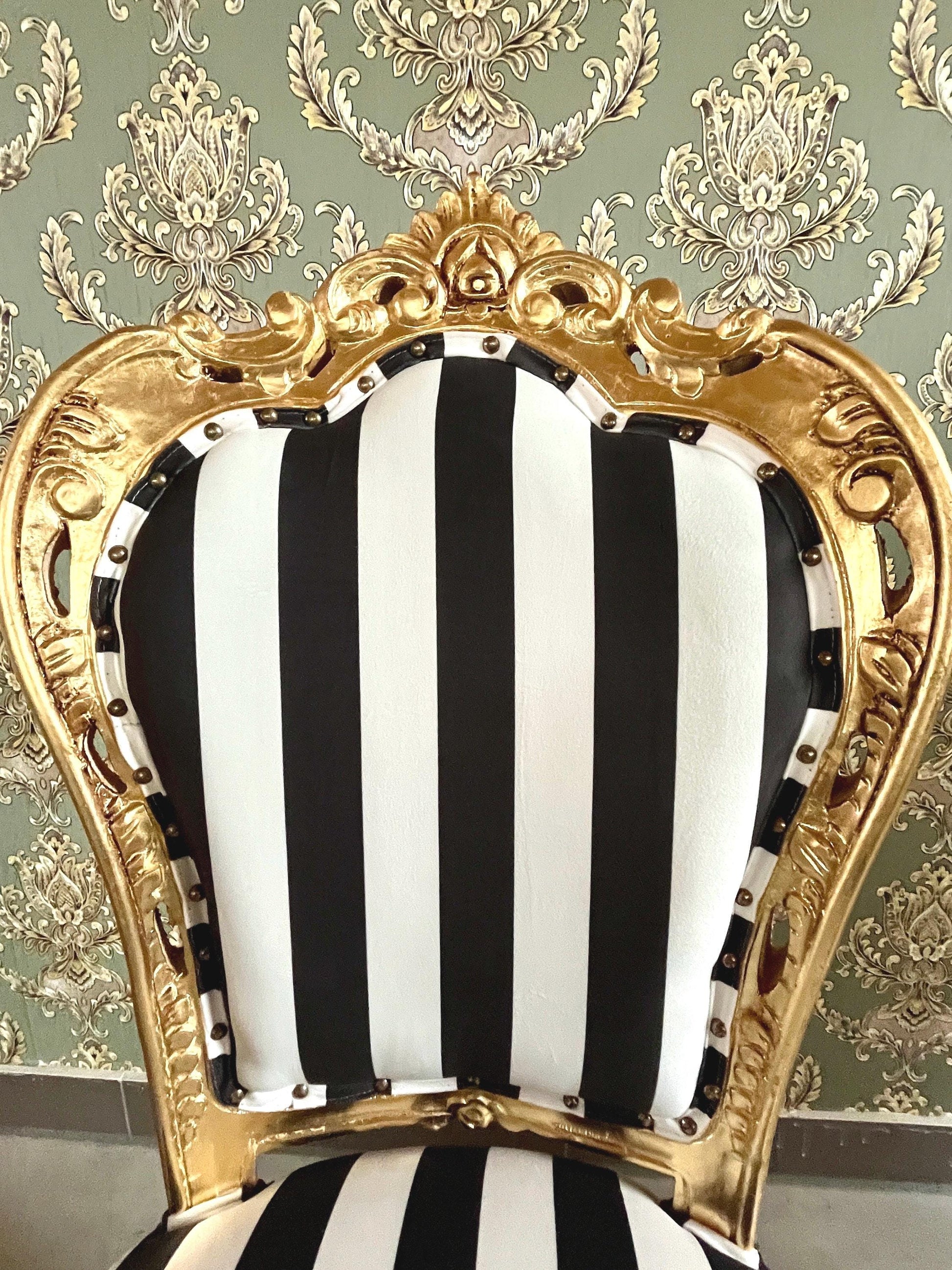 Accent Chair Deluxe Velvet in Black Stripe French Louis XV Style Chair in Gold Finish Retro Baroque Rococo Style Dining Chair for Home Decor