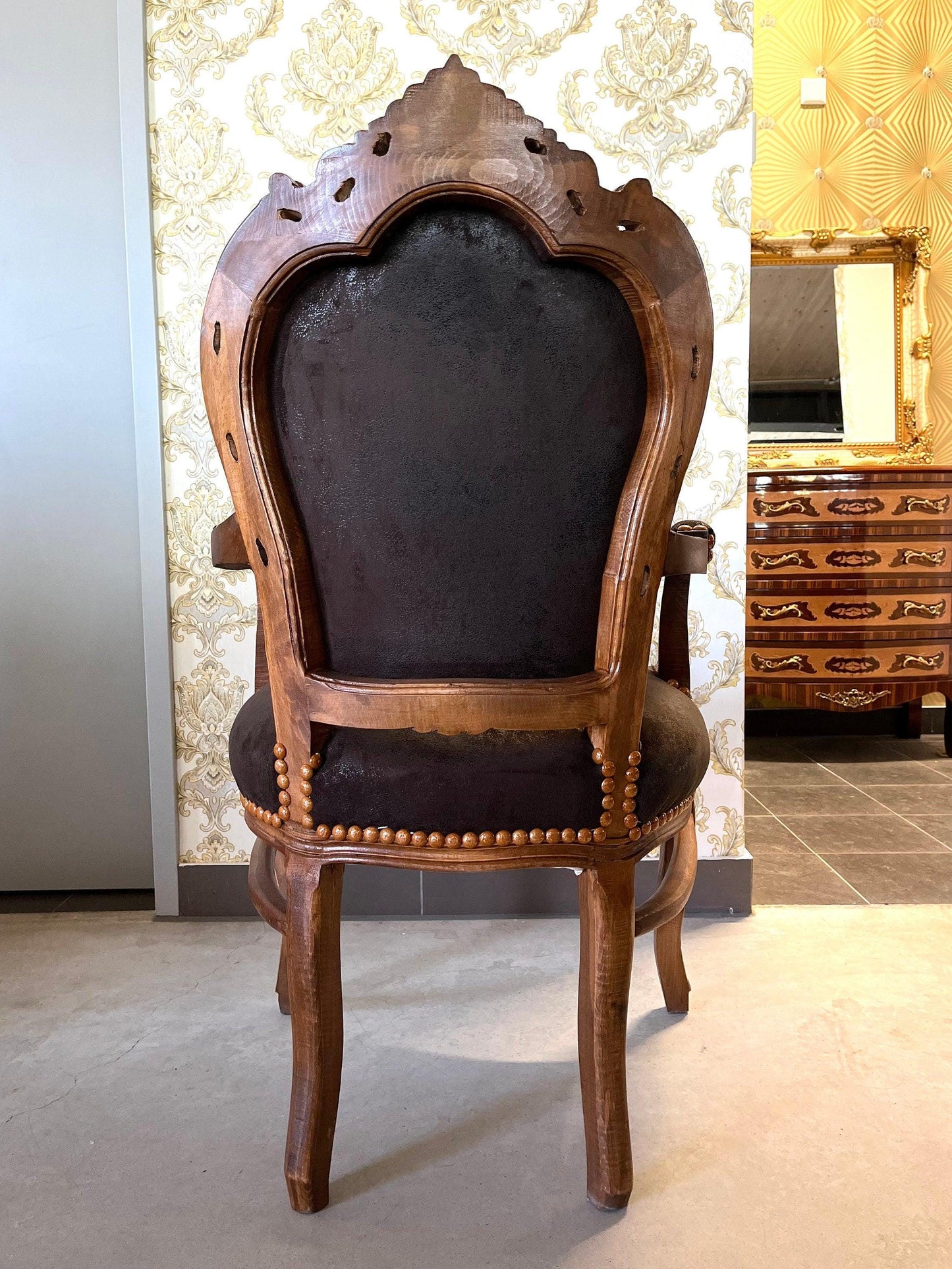Armchair French Louis Style Brown Color Leather Like Chair Baroque Rococo Style Armchair Antique Style Reproduction Armchair in Brown Color