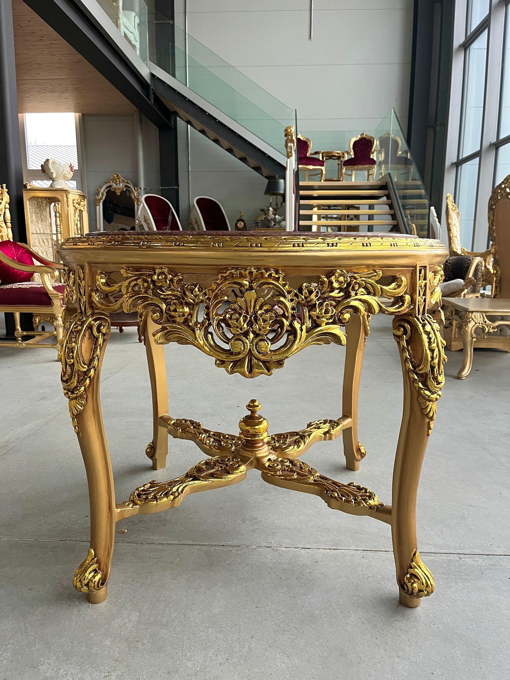 Round Table Retro Baroque Rococo Style Marble Top French Antique Style Wooden Table Gold Finish for Home Decor