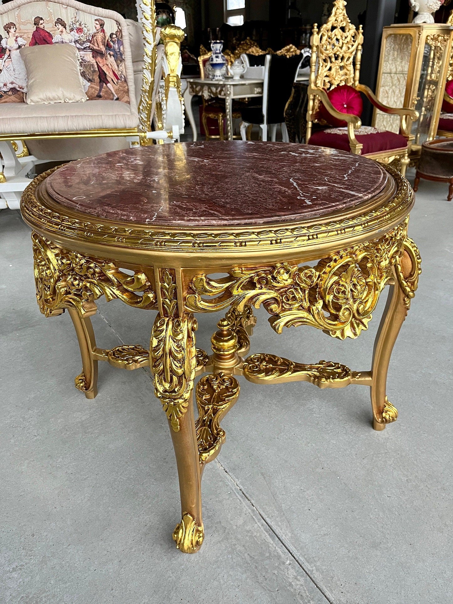 Round Table Retro Baroque Rococo Style Marble Top French Antique Style Wooden Table Gold Finish for Home Decor