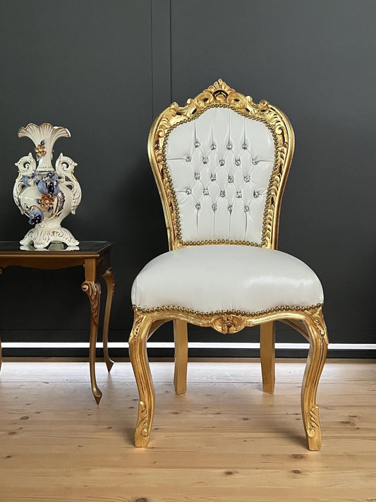 Accent Chair White Faux Leather French Rococo Chair for Dining Room Antique Style White Dining Chair in Gold Finish for Wedding Party Event