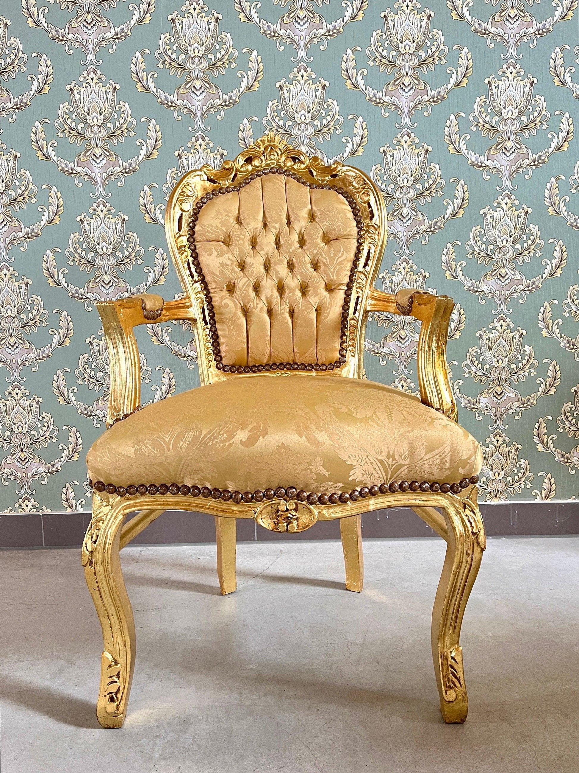 Armchair French Louis XV Style in Gold Finish Retro Baroque Rococo Style Chair Handcrafted for Home Decor