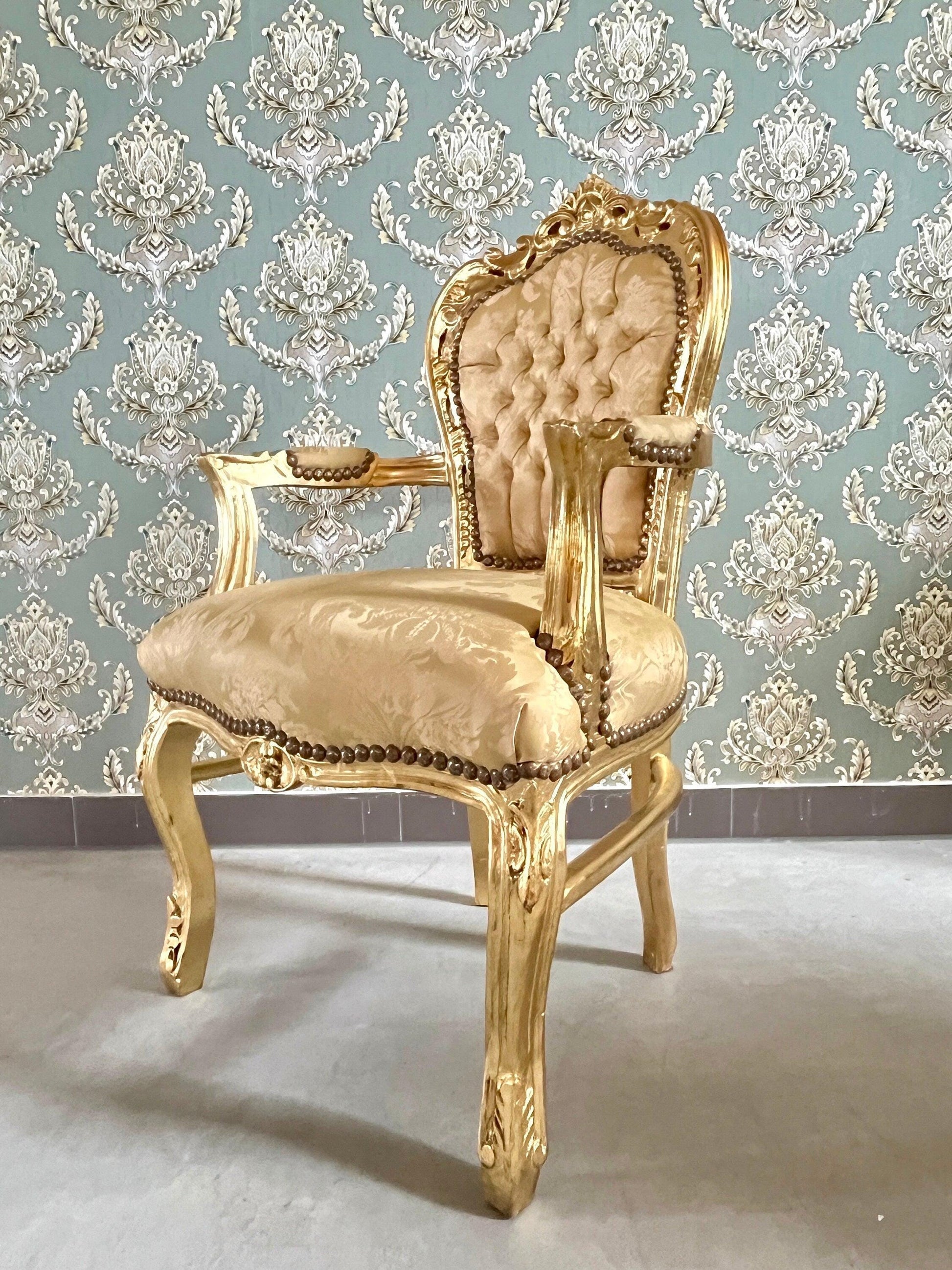 Armchair French Louis XV Style in Gold Finish Retro Baroque Rococo Style Chair Handcrafted for Home Decor