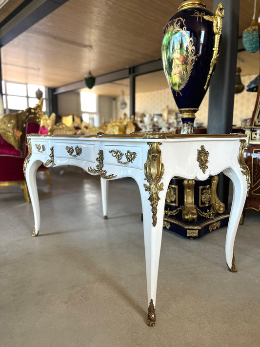 Luxurious Wooden Desk Antique Baroque Style Writing Desk with Bronze Ornament Lacquered in White & Top Surface in Bordeaux Color - LIMITED