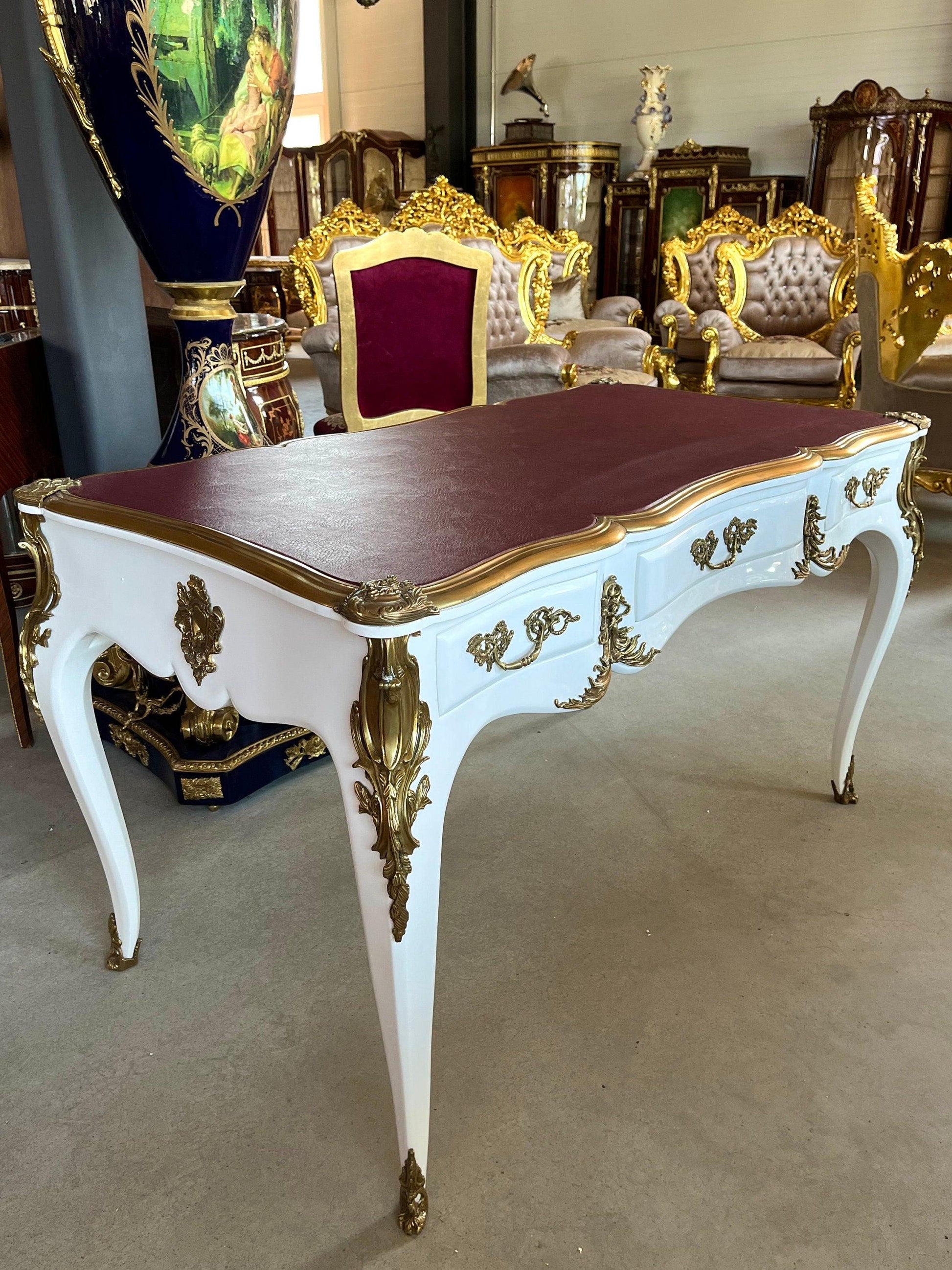 Luxurious Wooden Desk Antique Baroque Style Writing Desk with Bronze Ornament Lacquered in White & Top Surface in Bordeaux Color - LIMITED