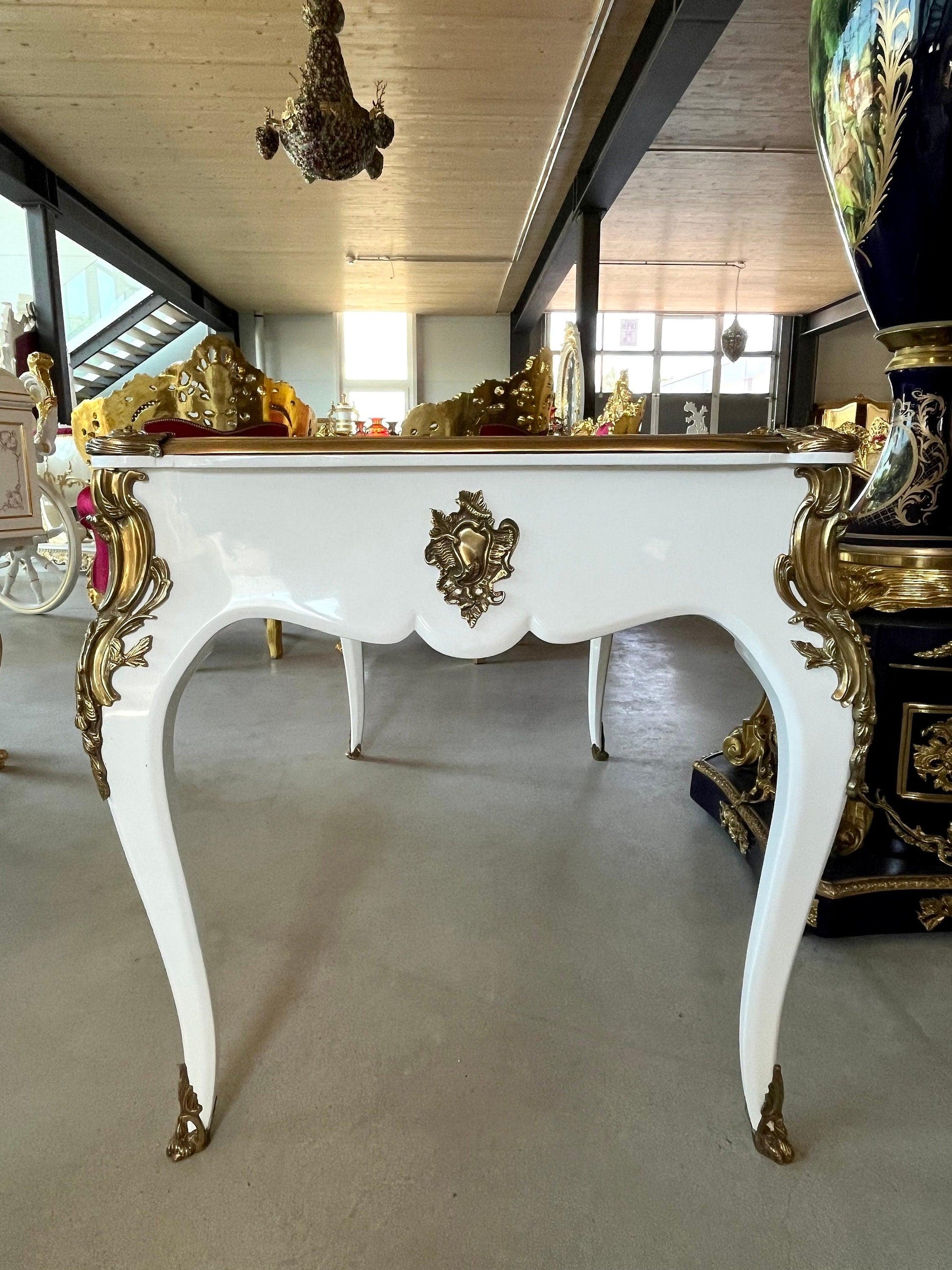 Luxurious Wooden Desk Antique Baroque Style Writing Desk with Bronze Ornament Lacquered in White & Top Surface in Bordeaux Color - LIMITED