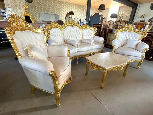 Sofa Set French Louis Style Cream Color Tufted Velvet Settee with Marble Slab Caffè Table Retr Baroque Style Sofa Set Cream Color for Decor